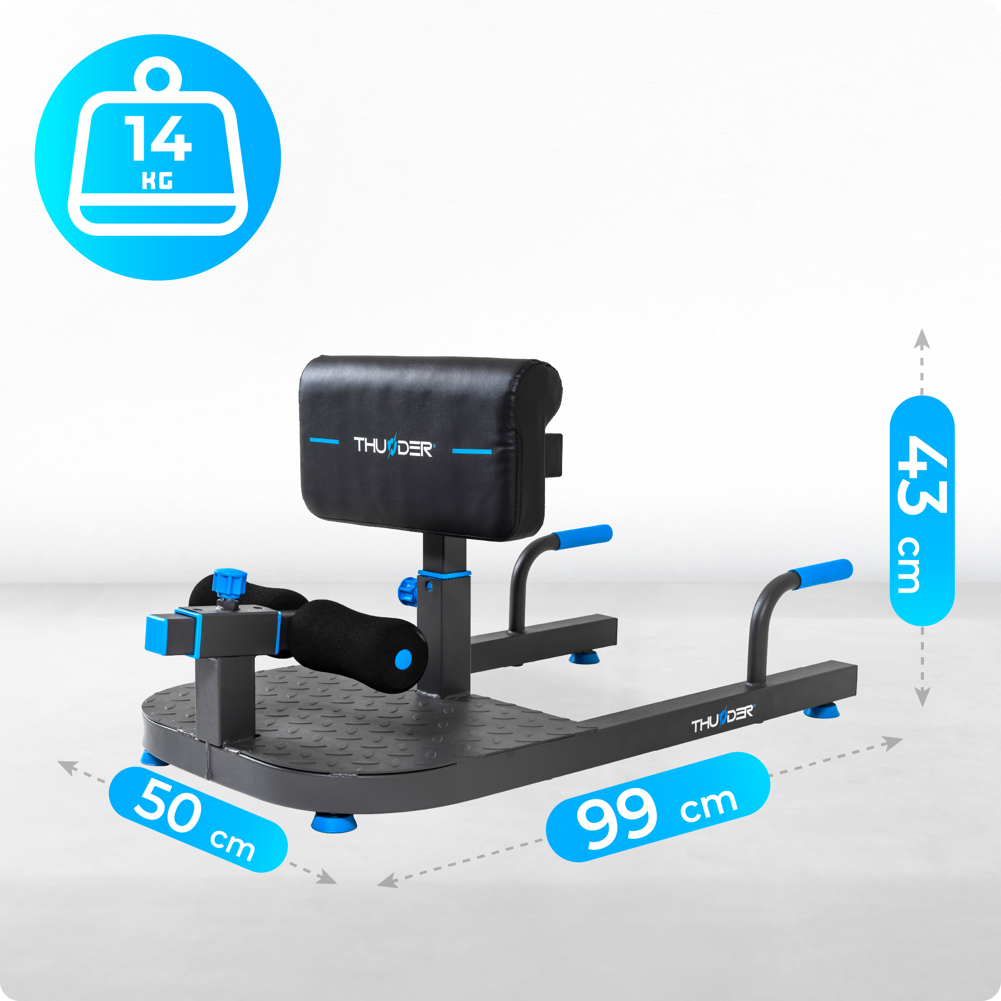 Maszyna do ćwiczeń Thunder z oznaczonymi wymiarami. Wyświetlana jest etykieta wagi 14 kg.
