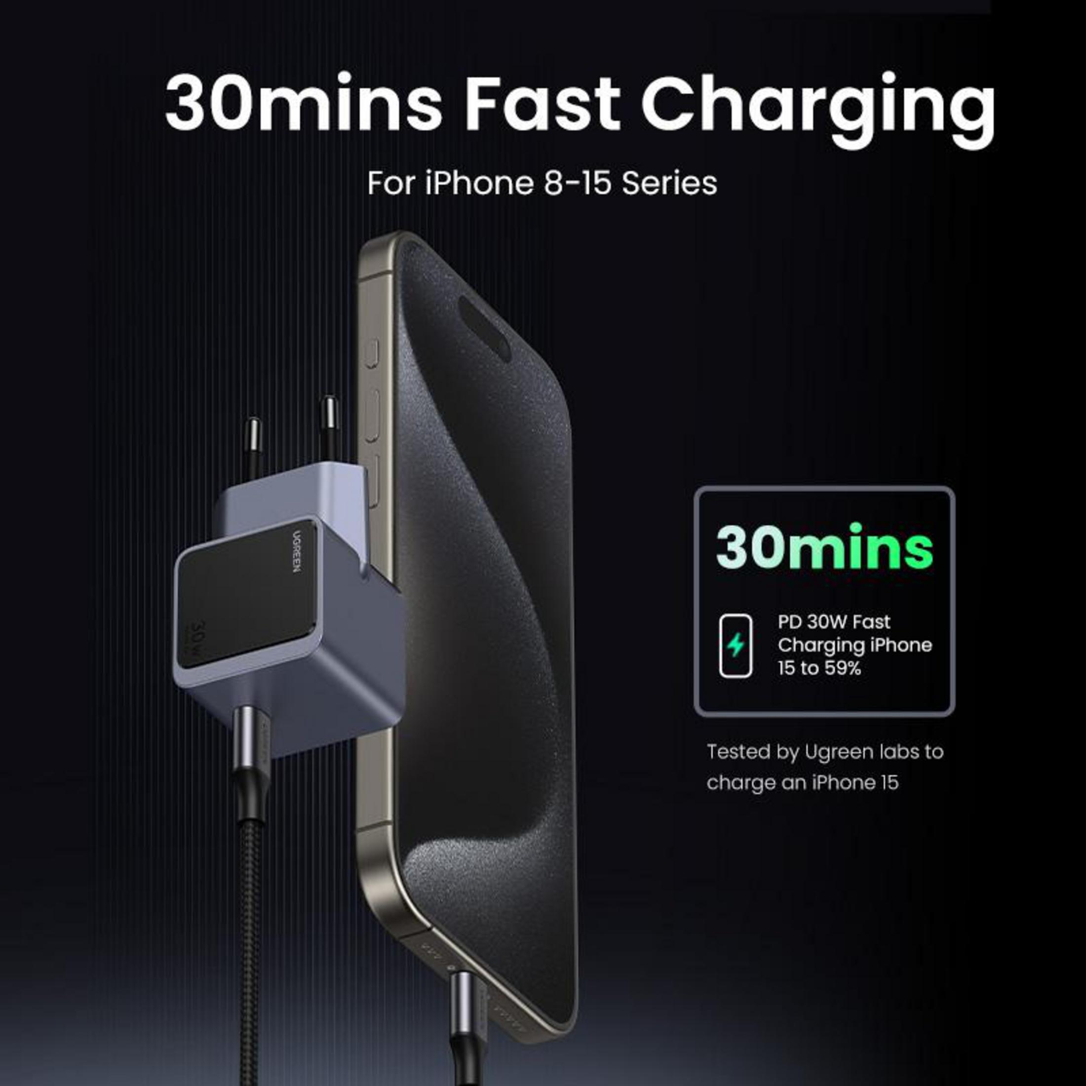 Telefon ładuje się ładowarką Ugreen. Tekst: szybkie ładowanie 30min dla iPhone 8-15.