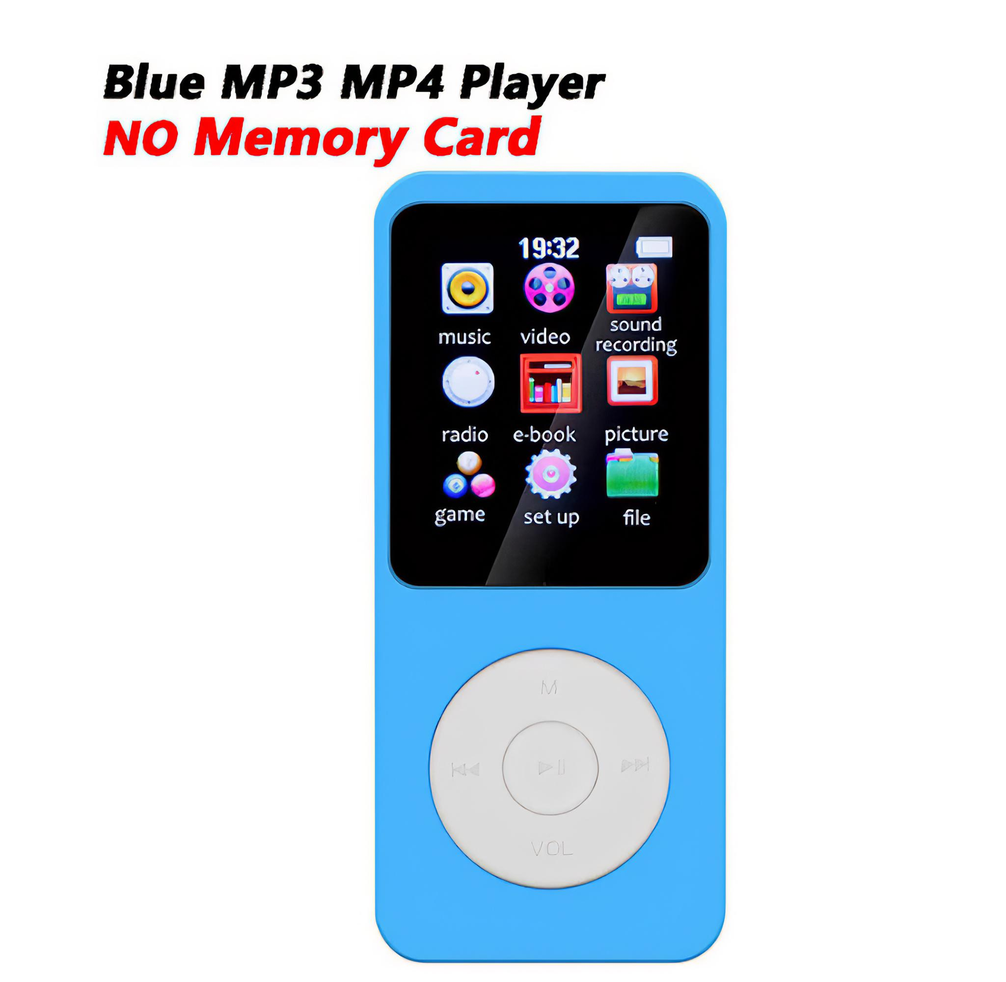 Blauer MP3 MP4 Player mit Bildschirm, der Symbole und Zeit zeigt. Mit zentralem Steuerrad.