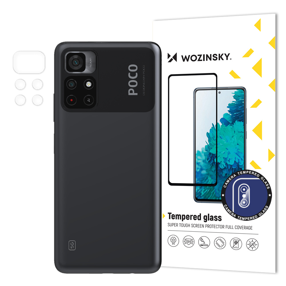 Czarny telefon Poco z ochraniaczem ekranu. Białe pudełko ze szczegółami szkła hartowanego.