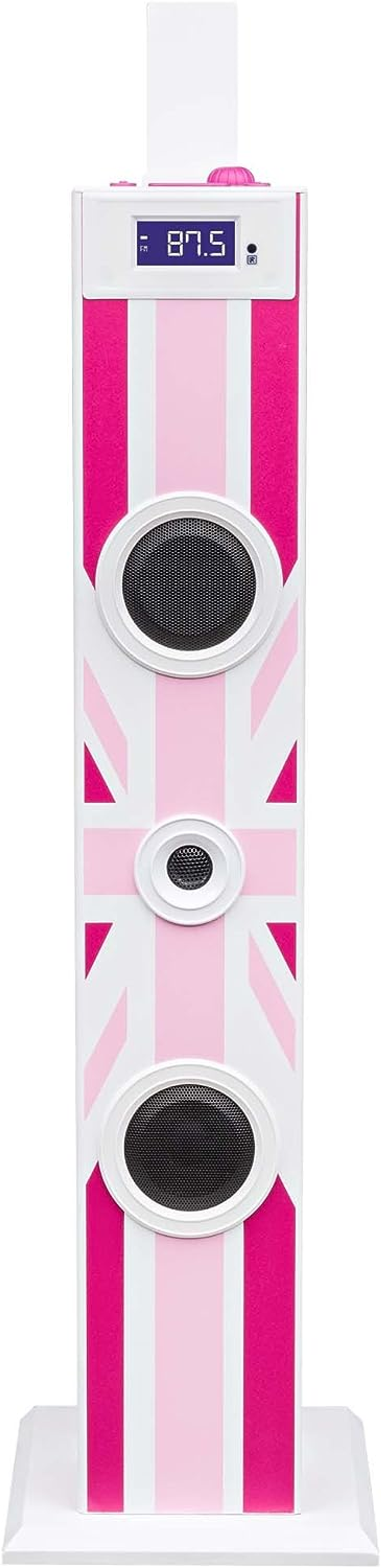 Un altoparlante per karaoke alto, rosa e bianco con un design a bandiera britannica e un display digitale.