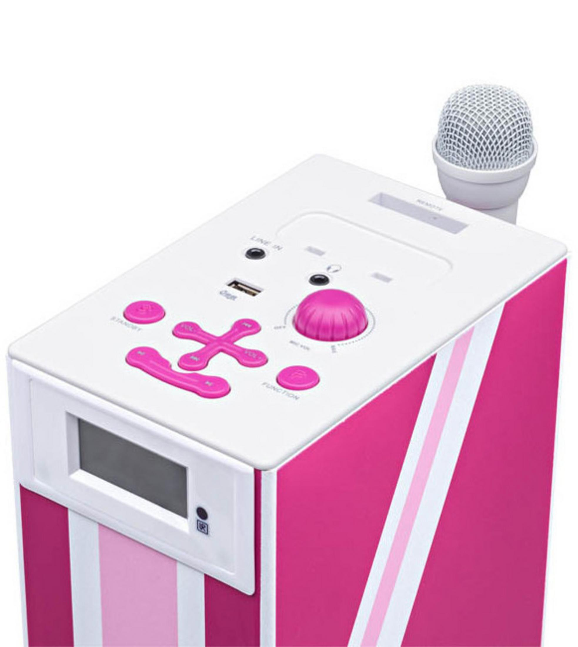 Una macchina per karaoke bianca e rosa con un microfono sopra e pulsanti per varie funzioni.