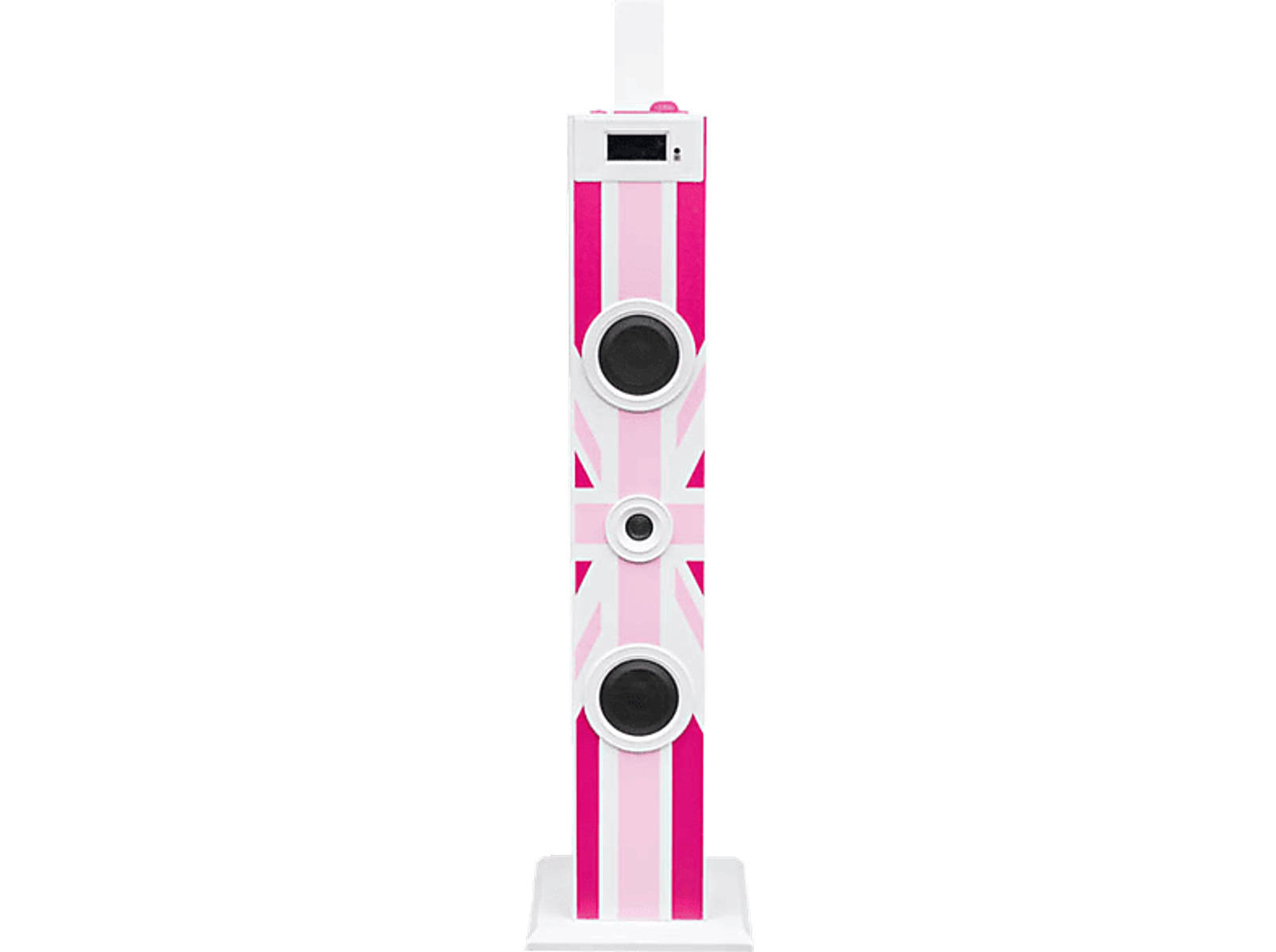 Un altoparlante per karaoke alto, rosa e bianco con un design a bandiera britannica e un display digitale.
