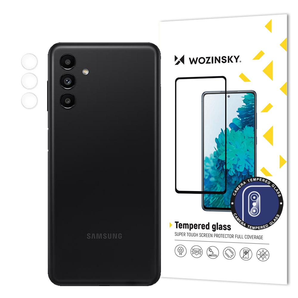 Czarny telefon Samsung, trzy osłony obiektywu aparatu, zestaw ochrony ekranu i opakowanie Wozinsky.