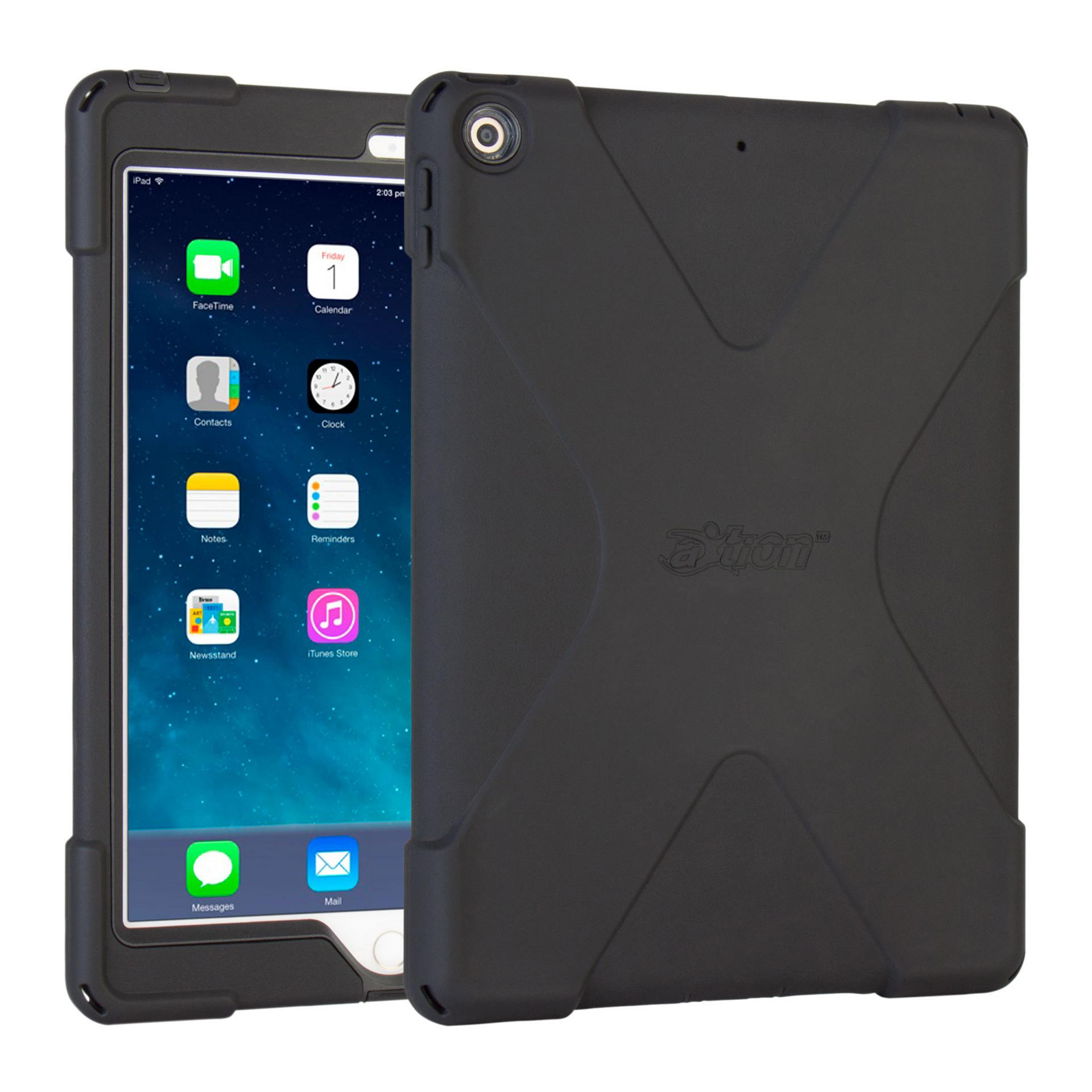 Schwarzes iPad in einer schwarzen Schutzhülle. Der Bildschirm zeigt App-Symbole.