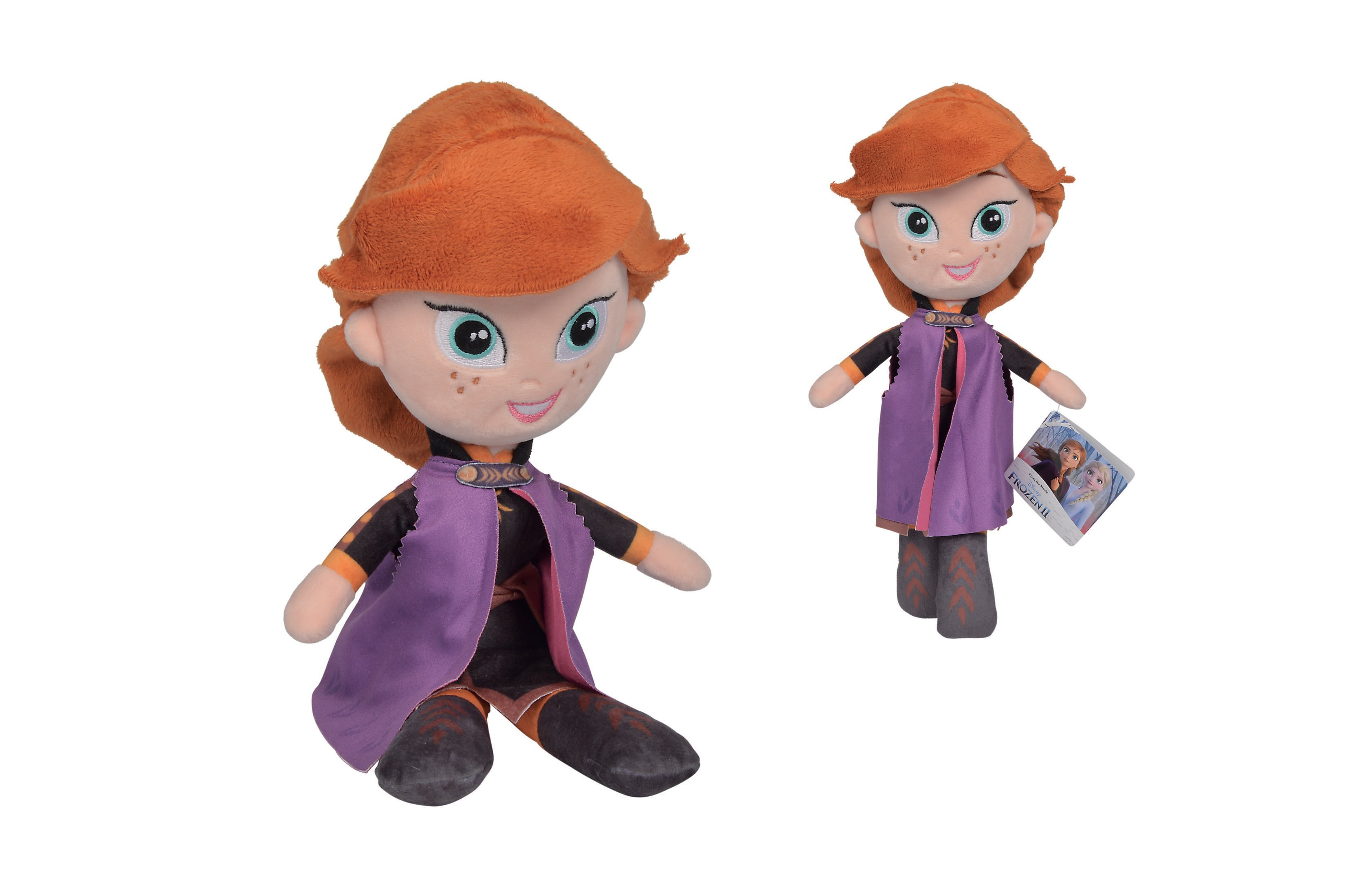 Zwei Anna-Puppen aus Frozen, eine sitzend und eine stehend, beide mit orangefarbenem Haar.
