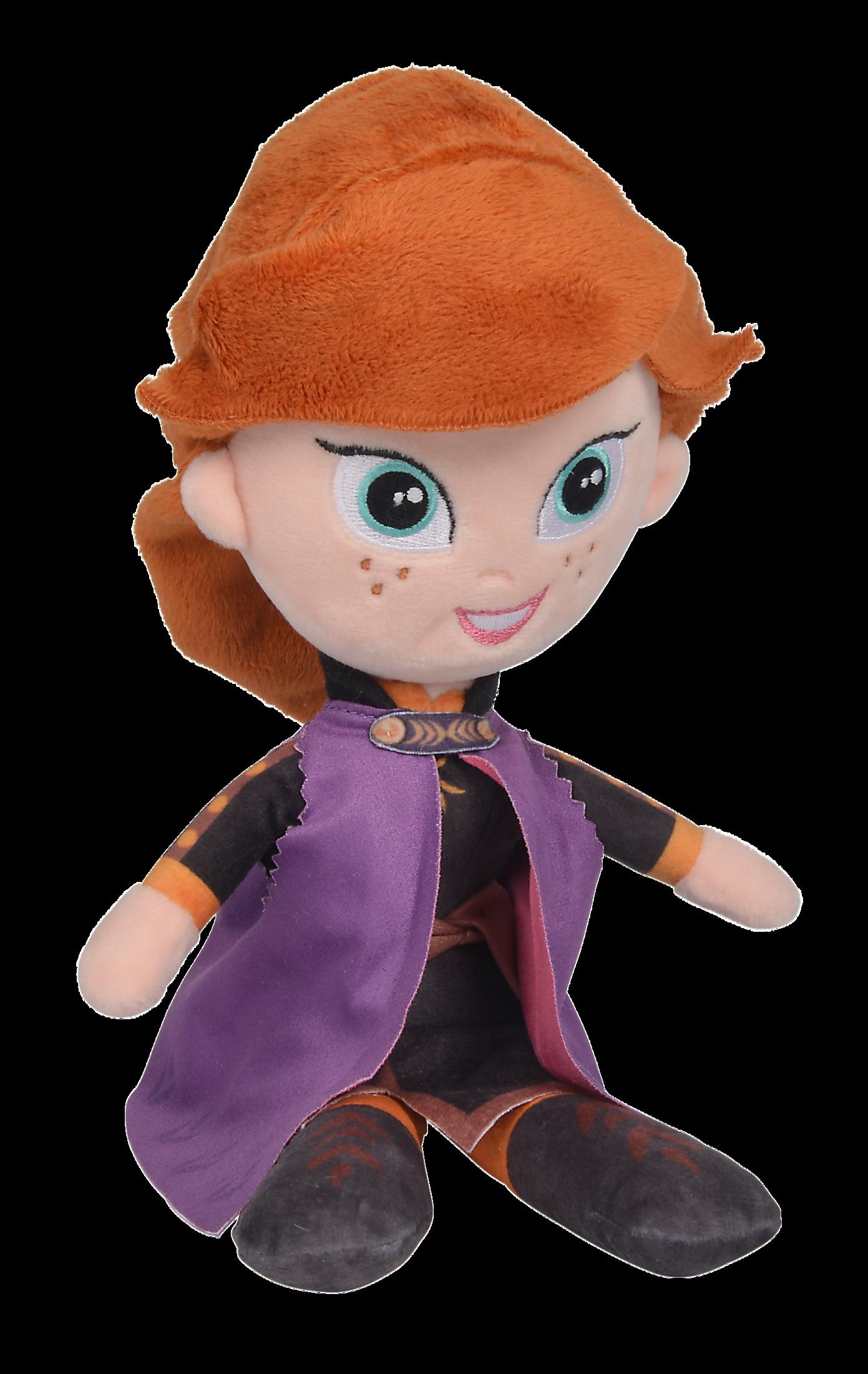 Nahaufnahme einer Anna-Puppe aus Frozen, mit orangenem Haar, die ein lila Kleid trägt.