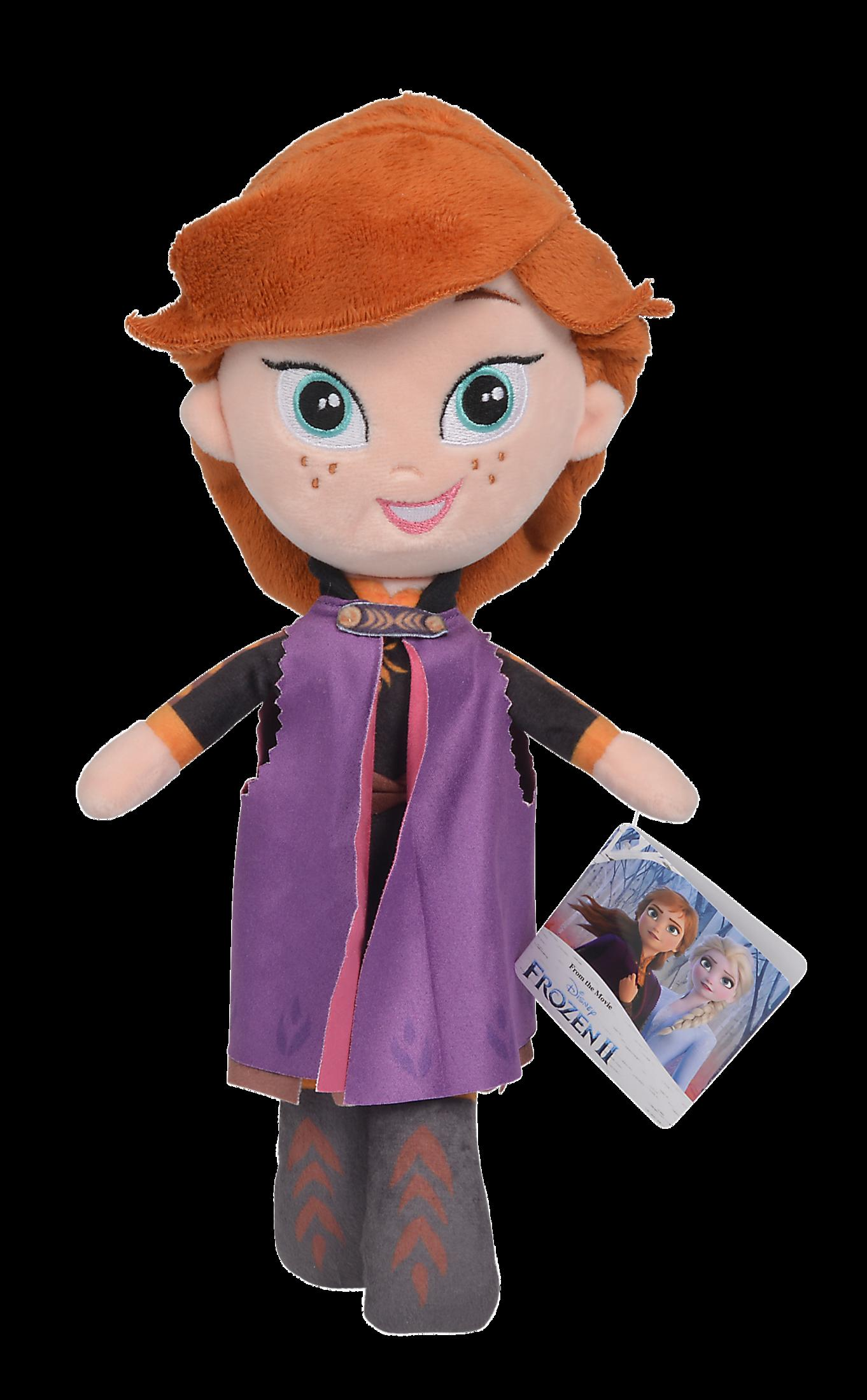 Anna-Puppe aus Frozen, mit orangenem Haar, die ein lila Kleid trägt, mit angebrachtem Etikett.