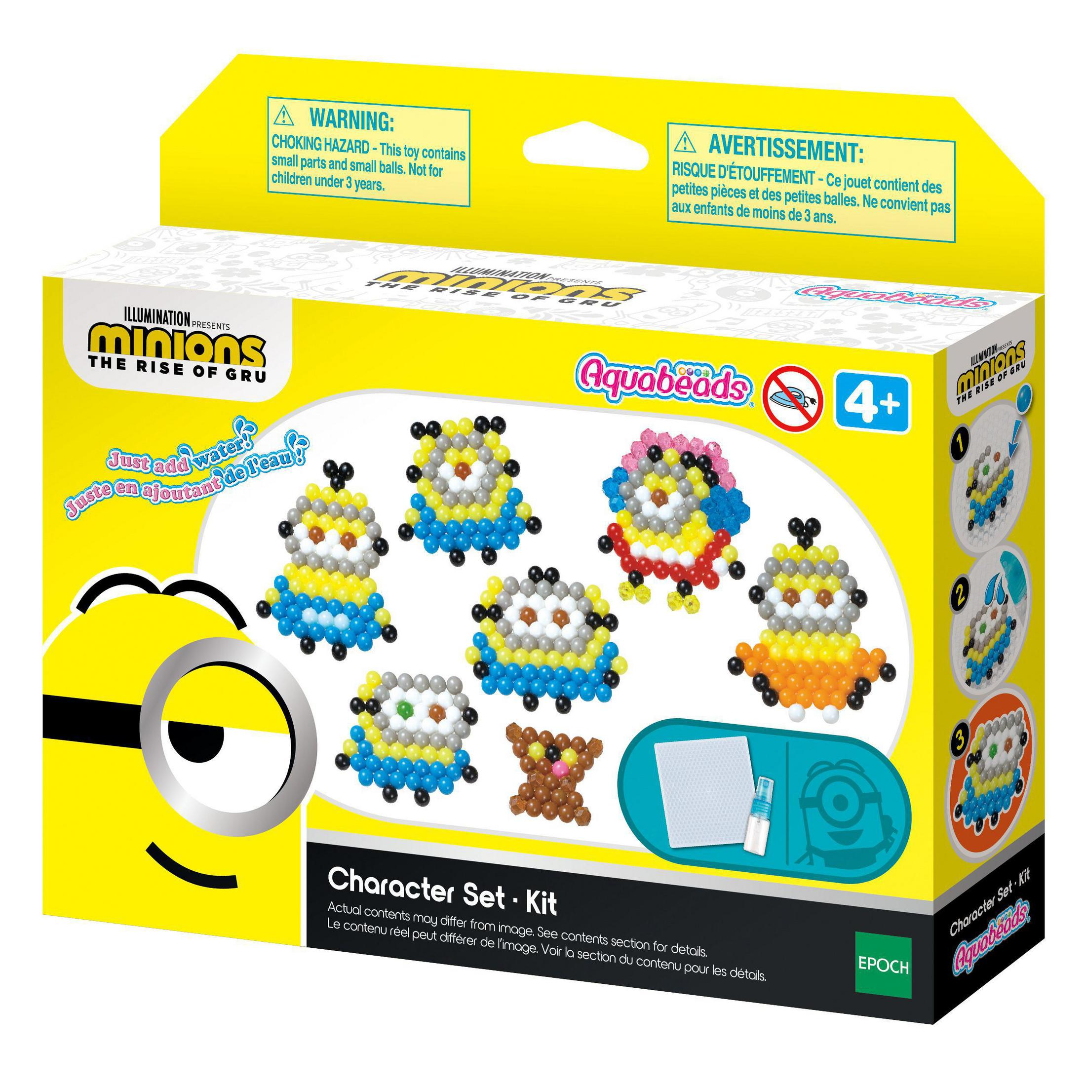 Eine Minions Aquabeads-Kit-Box. Sie enthält Minions-Figuren aus Perlen und ein Warnetikett.