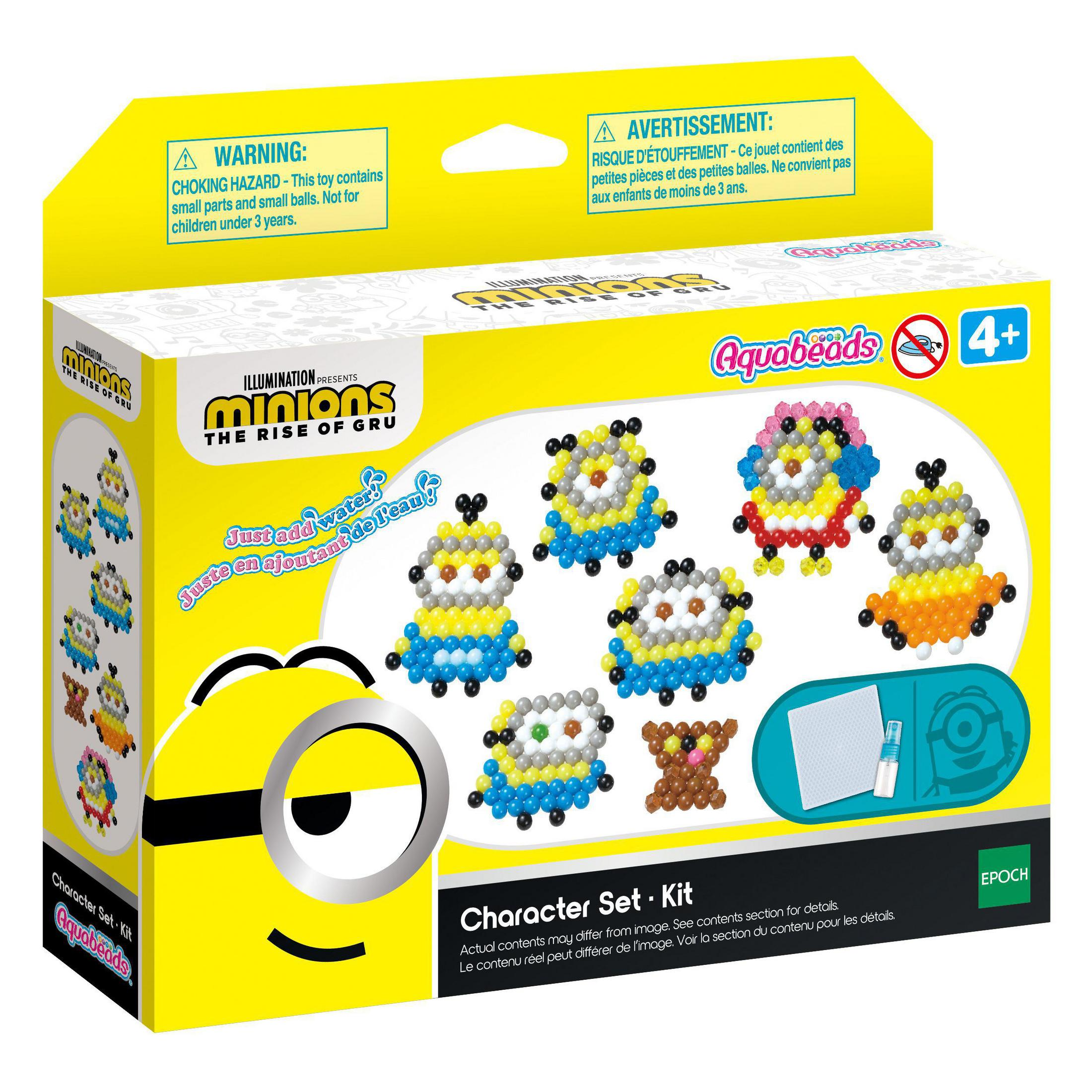 Ein Box-Set für Aquabeads mit Minions. Die Box ist gelb und zeigt Bilder der Minions-Charaktere.