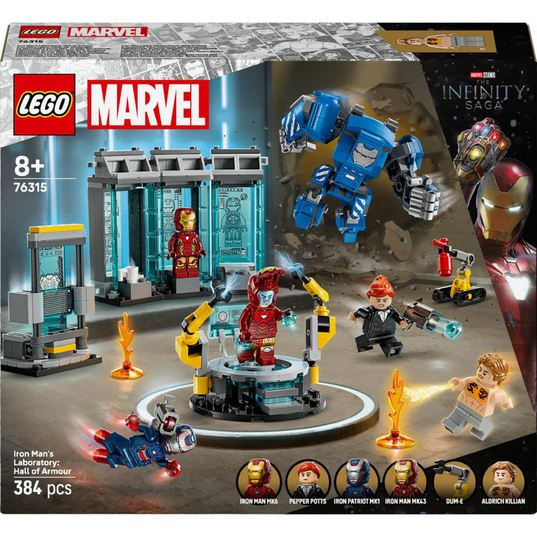 Caja del set Lego Marvel. Representa el laboratorio de Iron Man con figuras de Iron Man y un mecha azul. La caja es colorida.