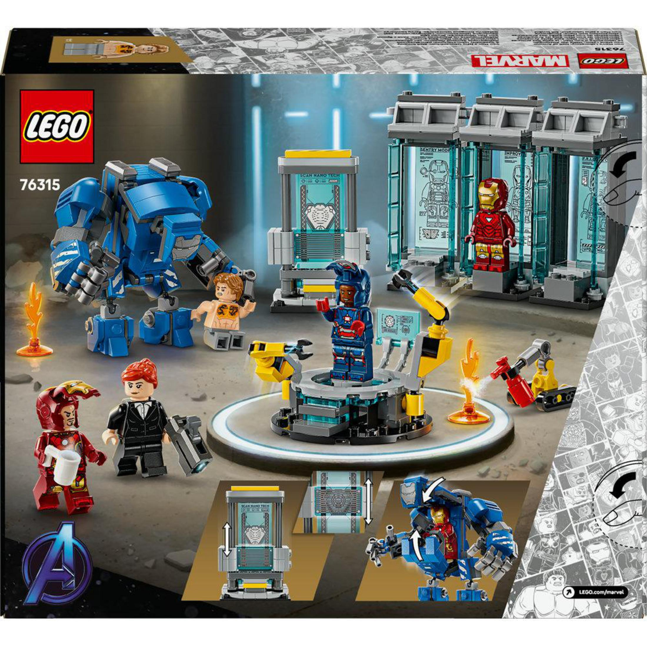 La parte trasera de una caja LEGO Marvel con varias figuras de Iron Man, un Hulkbuster azul y un laboratorio.