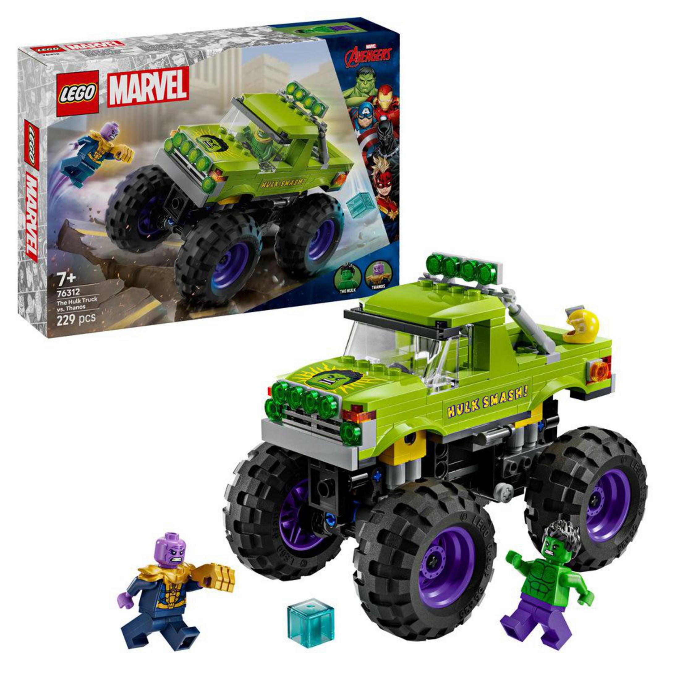 Set LEGO Marvel con camión verde, Hulk, Thanos y una caja que muestra el contenido del set.
