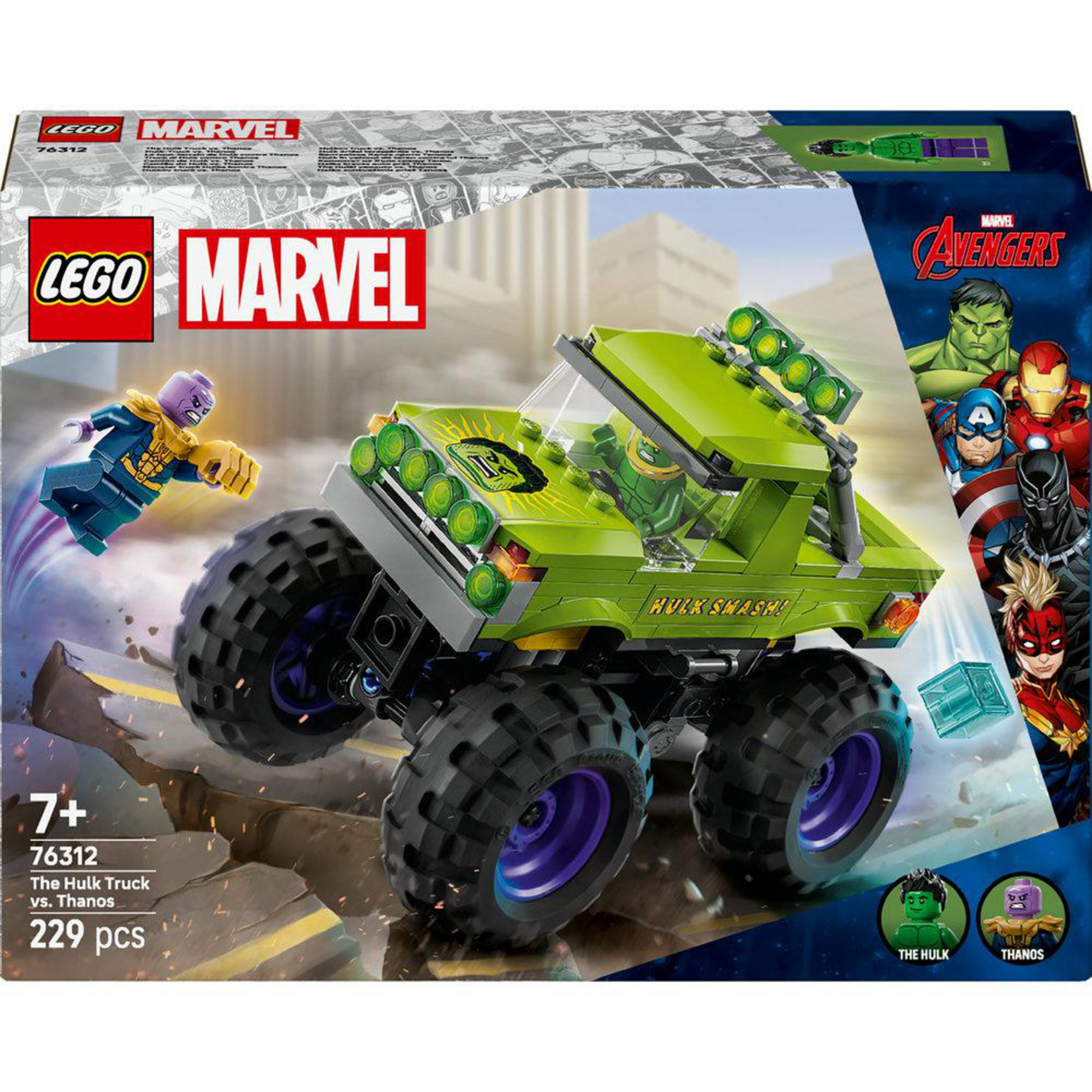 Una caja del set LEGO Marvel con un camión verde, Hulk y minifiguras de Thanos.
