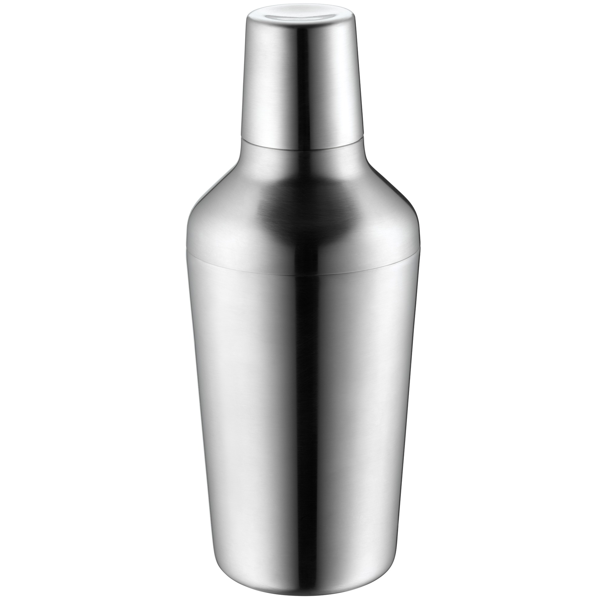 Ein glänzender silberner Cocktail-Shaker. Der Hintergrund ist weiß.