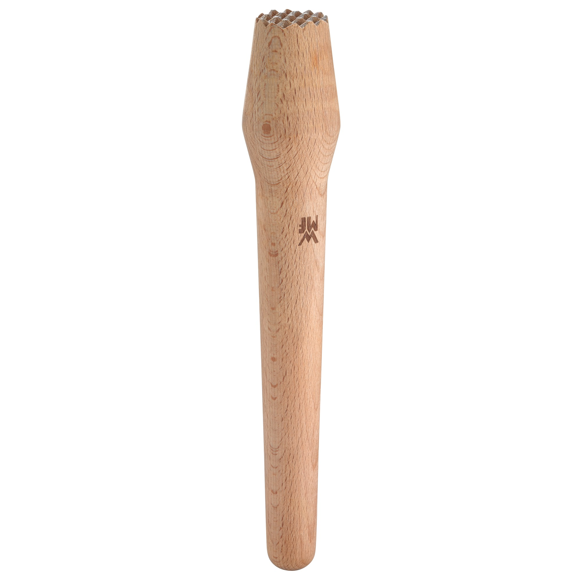 Ein Holzstößel mit strukturiertem Ende und glattem Griff. Der Stößel hat ein Logo am Griff.
