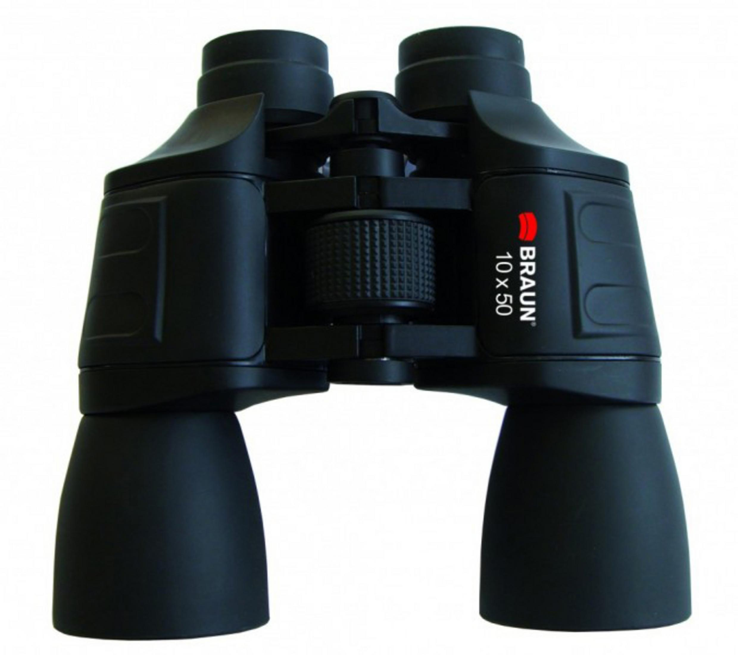 Schwarzes Braun-Fernglas auf weißem Hintergrund. Das Fernglas hat ein rotes Logo.