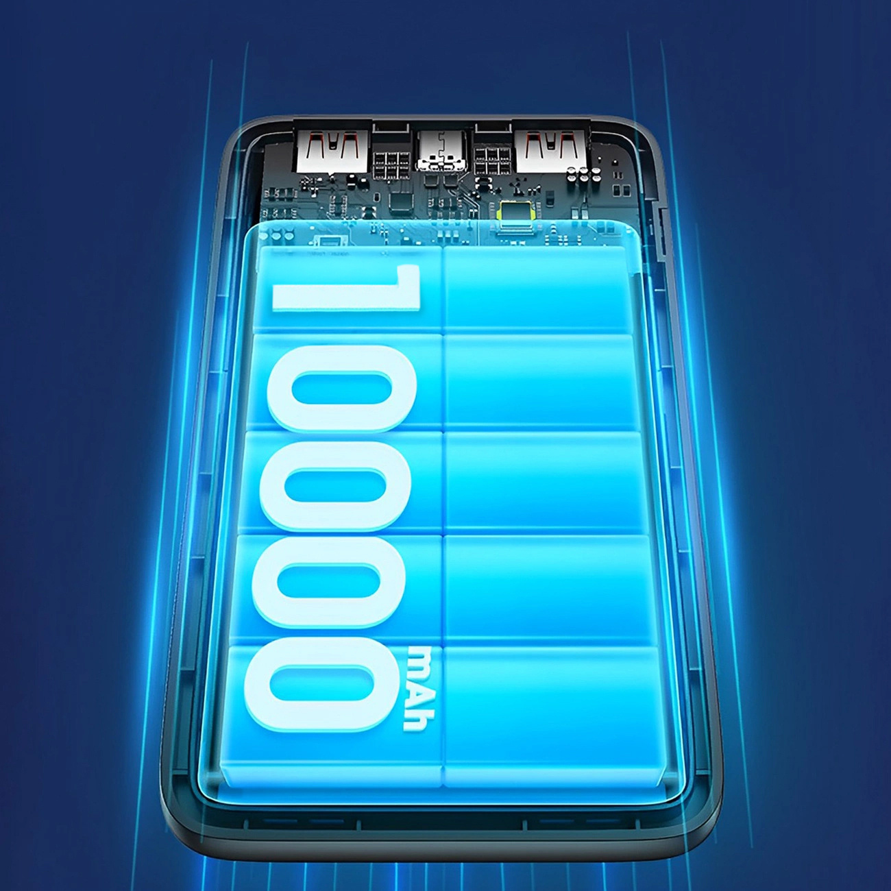 Wnętrze power banku pokazujące baterię i komponenty. Wyświetlona pojemność 10000 mAh.