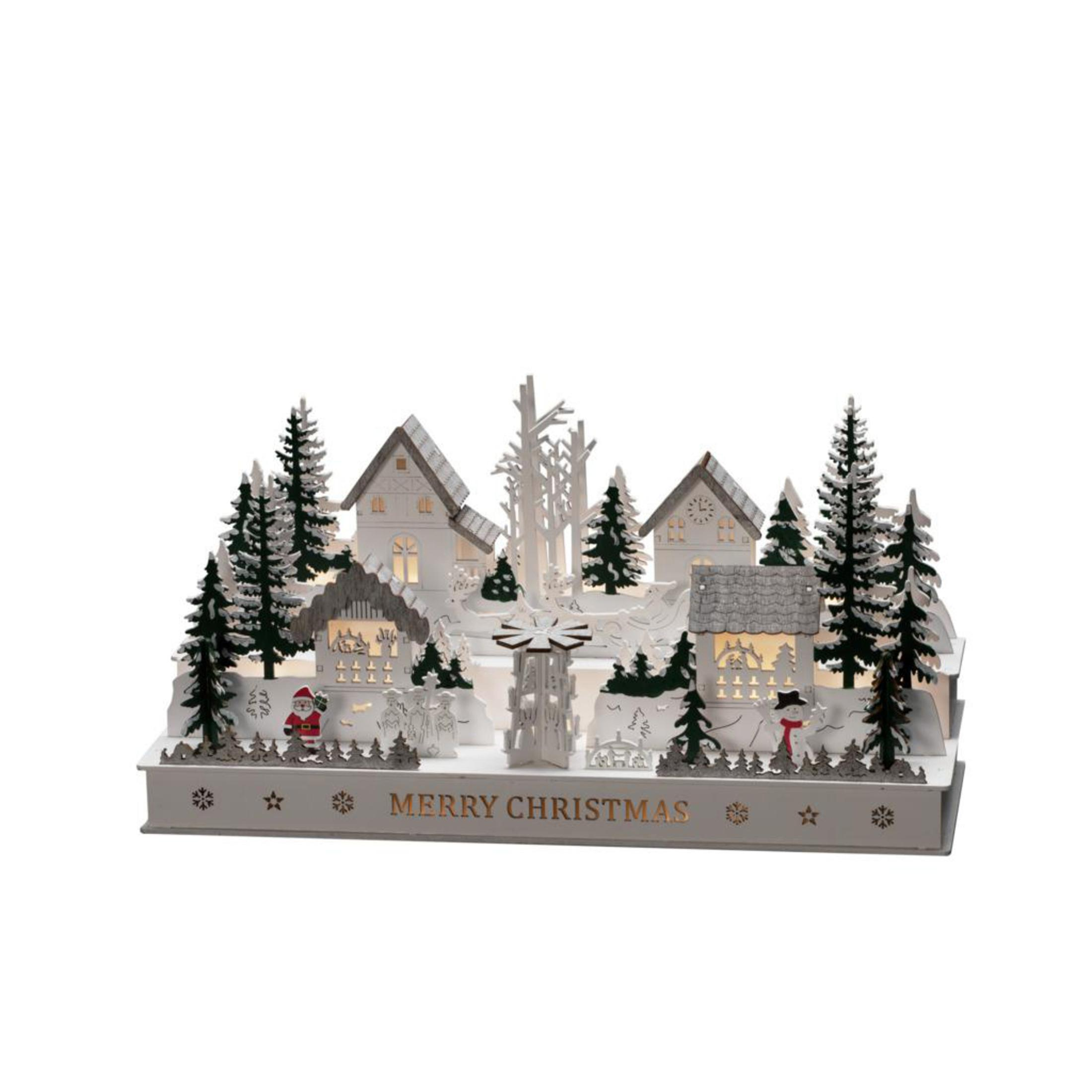 Weihnachtsdorf-Szene mit beleuchteten Häusern, Bäumen und einer Windmühle. Ein Weihnachtsmann ist links zu sehen.