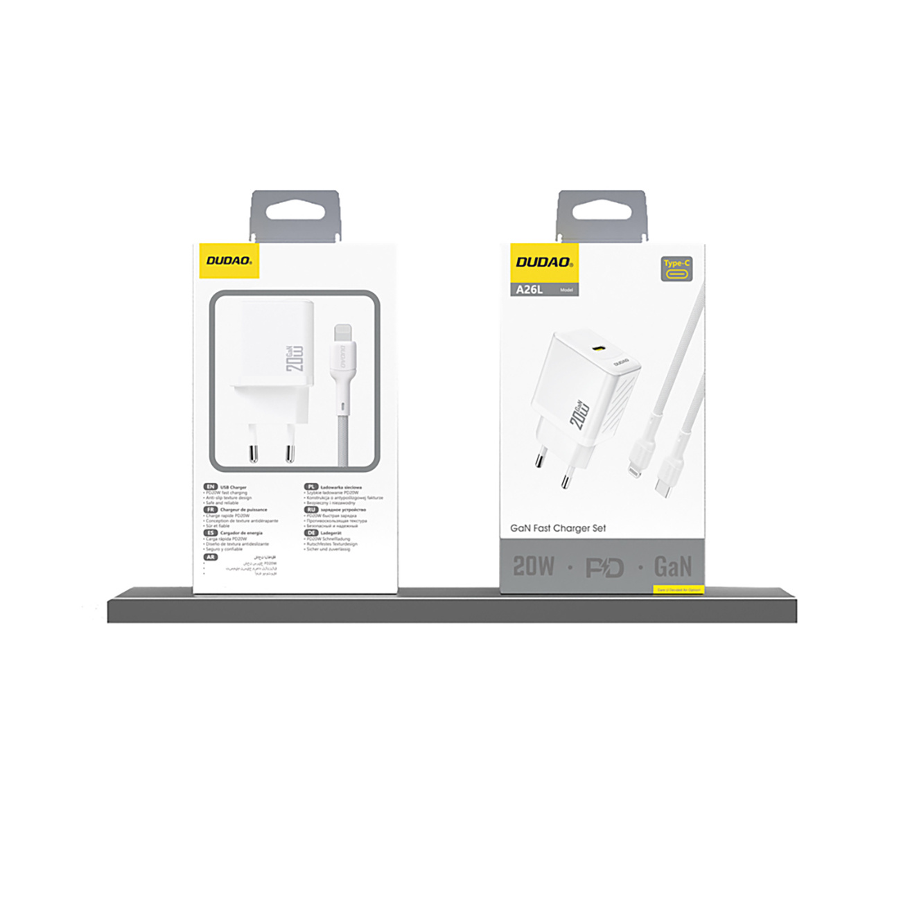 Dwa białe pudełka ładowarki z tekstem i grafiką na białym tle.