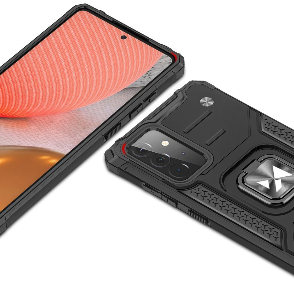 Czarny futerał na telefon z czarną ramką. Ekran telefonu wyświetla pomarańczowy wzór.