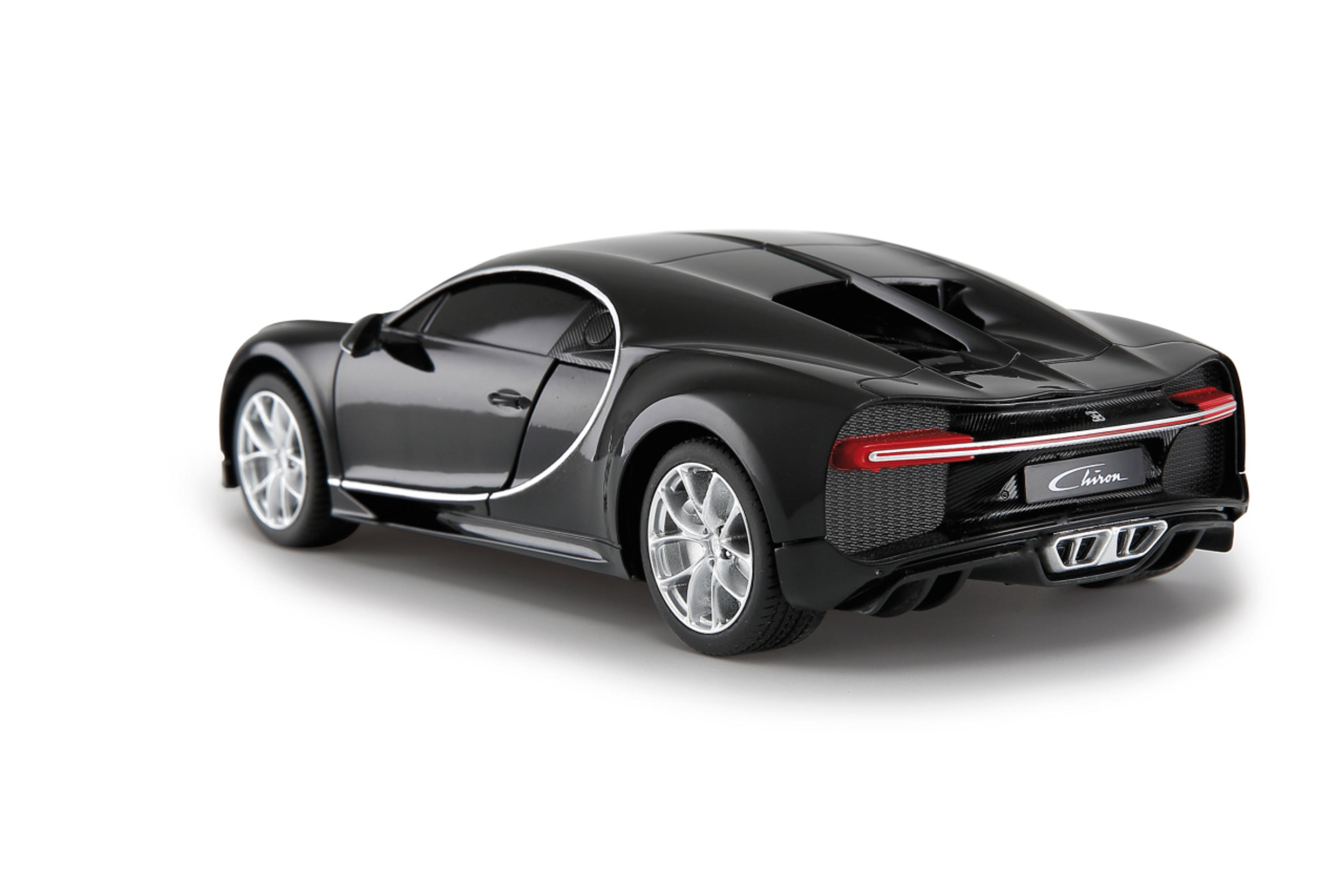 Schwarzes Bugatti Chiron Auto auf weißem Hintergrund. Das Auto ist nach rechts abgewinkelt.