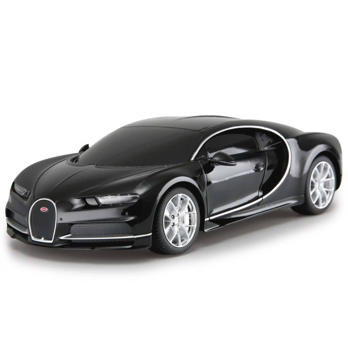 Schwarzer Bugatti auf weißem Hintergrund. Es ist ein Sportwagen mit einem eleganten Design.
