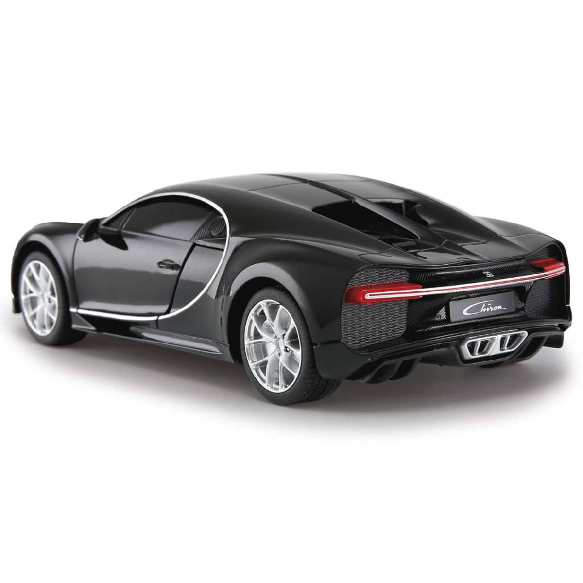 Schwarzes Bugatti Chiron Automodell. Das Auto steht auf einer weißen Oberfläche, das Heck ist sichtbar. Der Name Chiron steht hinten.