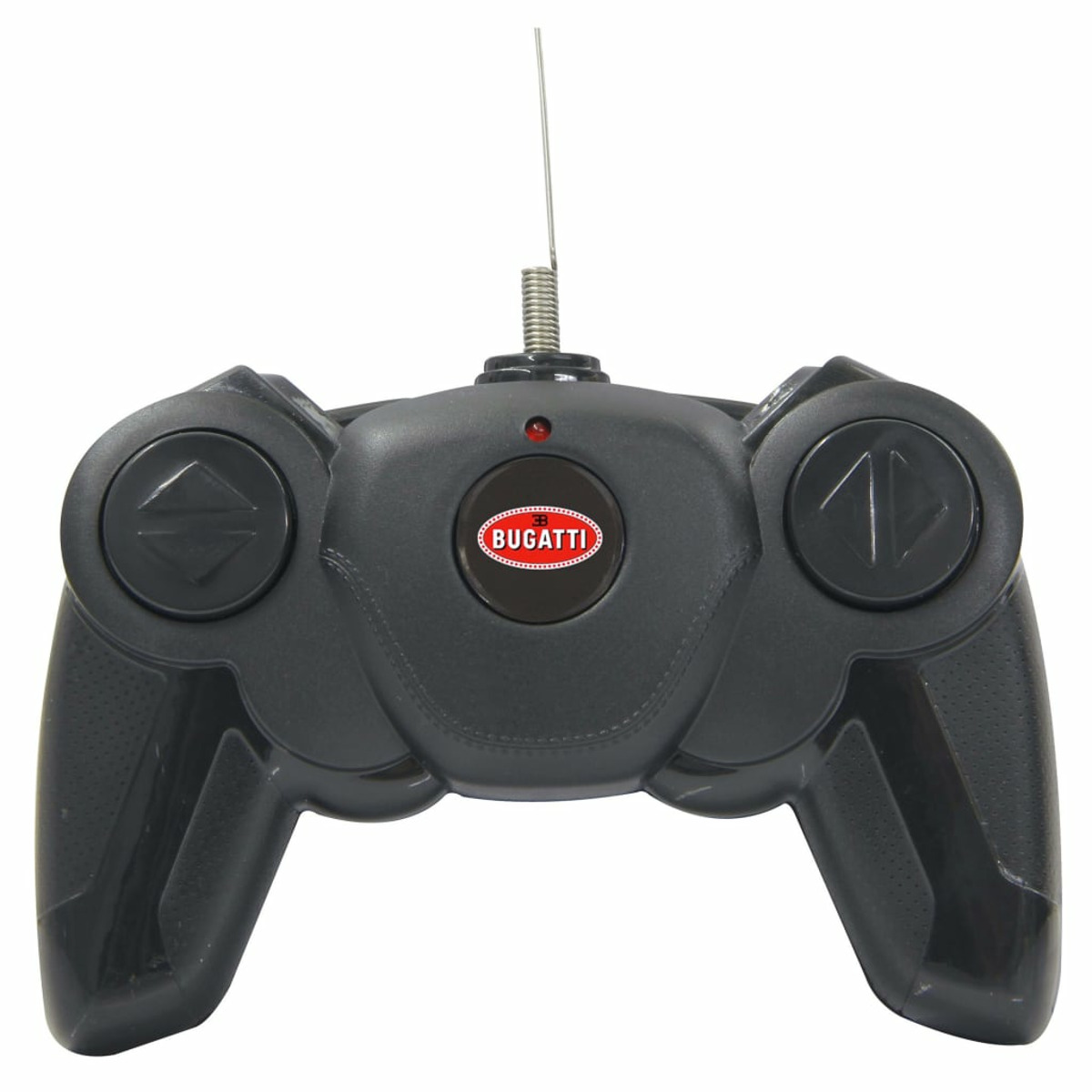 Eine schwarze Fernbedienung mit dem Bugatti-Logo. Sie hat eine silberne Antenne. Sie hat zwei Steuertasten.