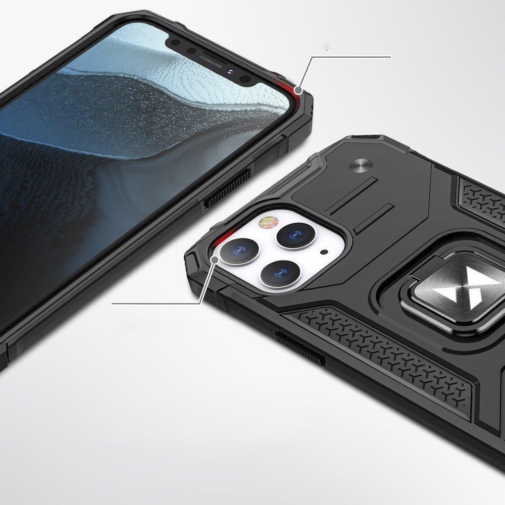 Czarne etui na telefon z uchwytem na pierścień. Zbliżenie na aparat i górną część telefonu, z etui.