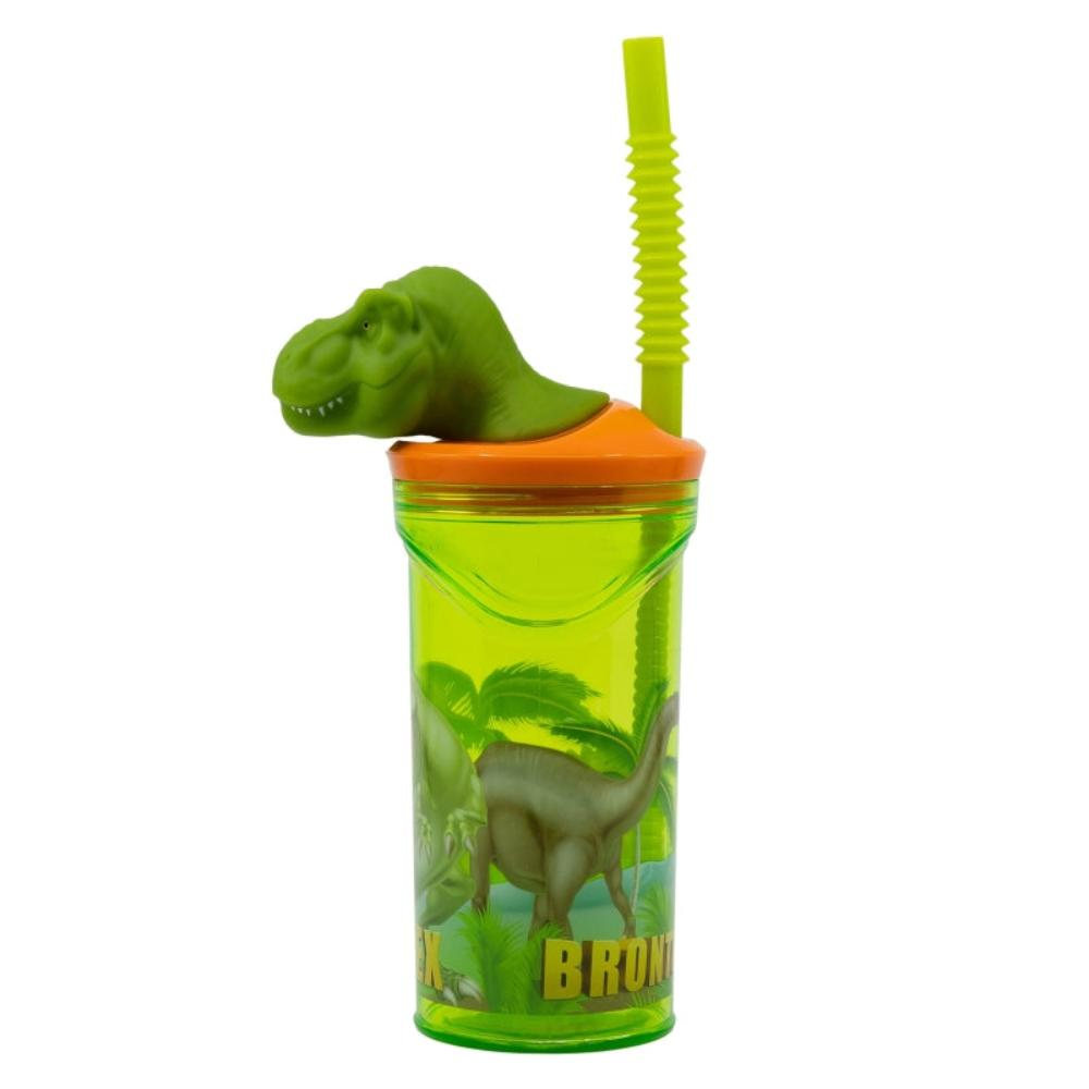 Ein grüner Becher mit Dinosaurier-Motiv und Strohhalm. Der Becher ist hellgrün.