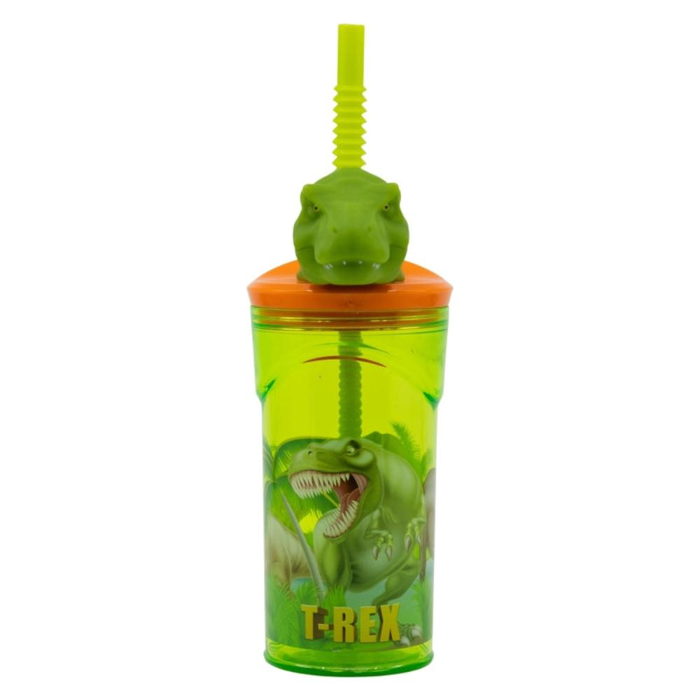 Grüner T-Rex-Becher mit Strohhalm. Der Becher hat einen T-Rex-Kopf oben und eine T-Rex-Illustration vorn.
