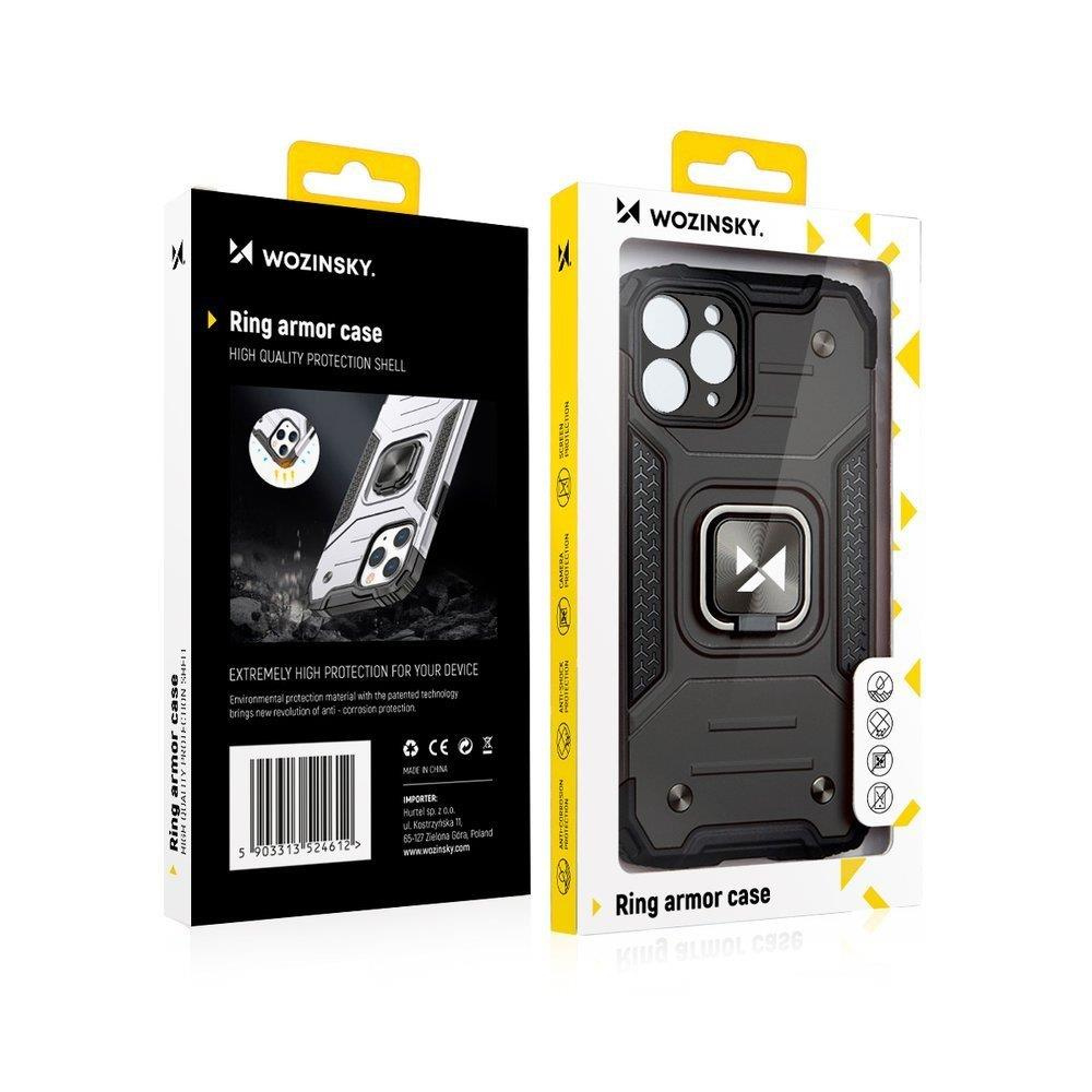Czarne pudełko na etui na telefon z widocznym etui Ring Armor, pudełko jest otwarte.