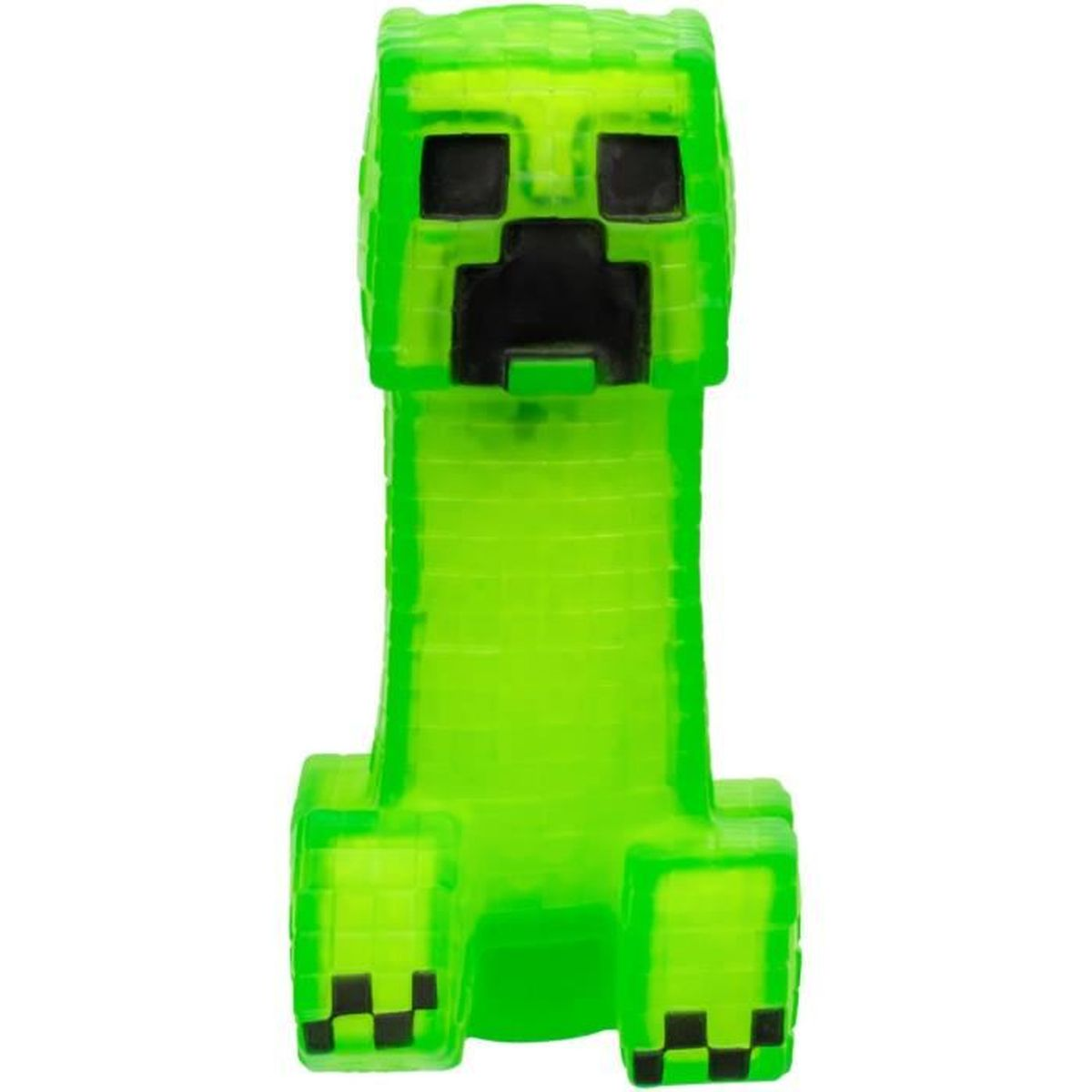 Un juguete Creeper de Minecraft verde. Es en bloques y tiene una cara cuadrada con ojos y boca negros.