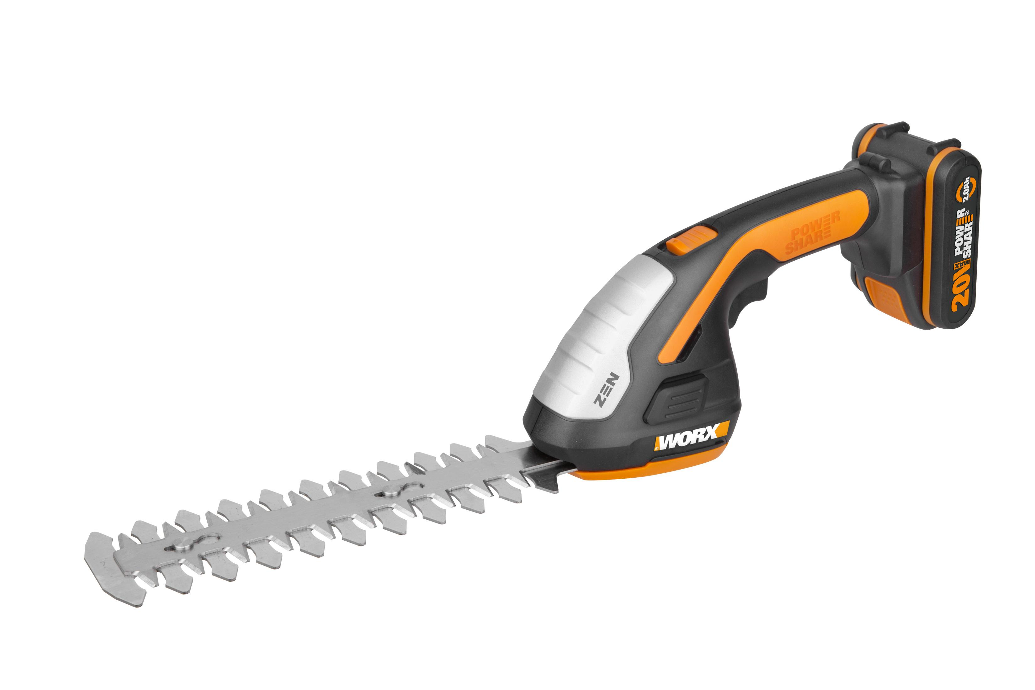 Eine schwarze und orangefarbene, kabellose Heckenschere WORX ZEN. Sie hat einen Griff, einen Akku und ein Schneidmesser.