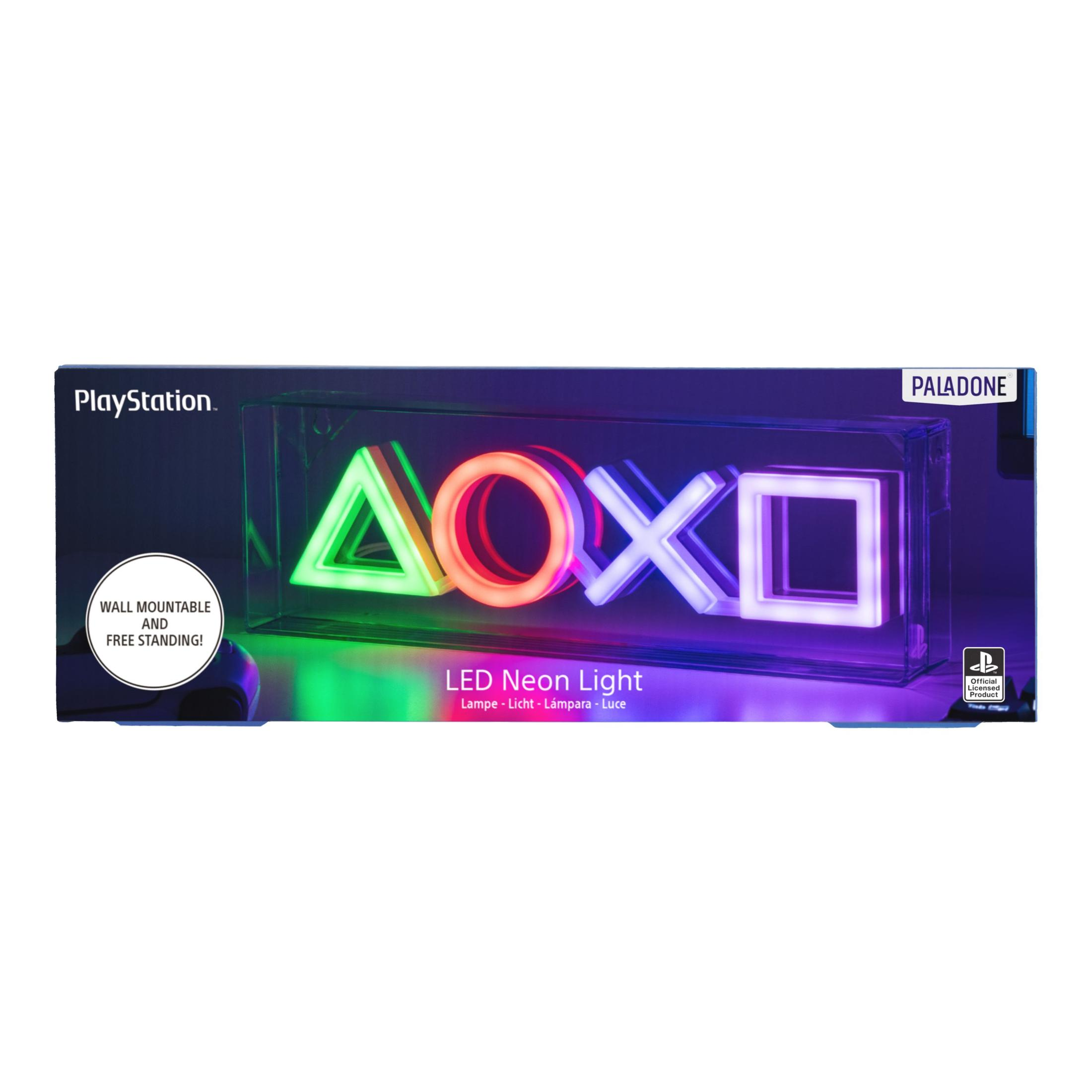 Neonowe światło PlayStation z symbolami trójkąta, koła, x i kwadratu w przezroczystej ramie. Na pudełku napis LED Neon Light.