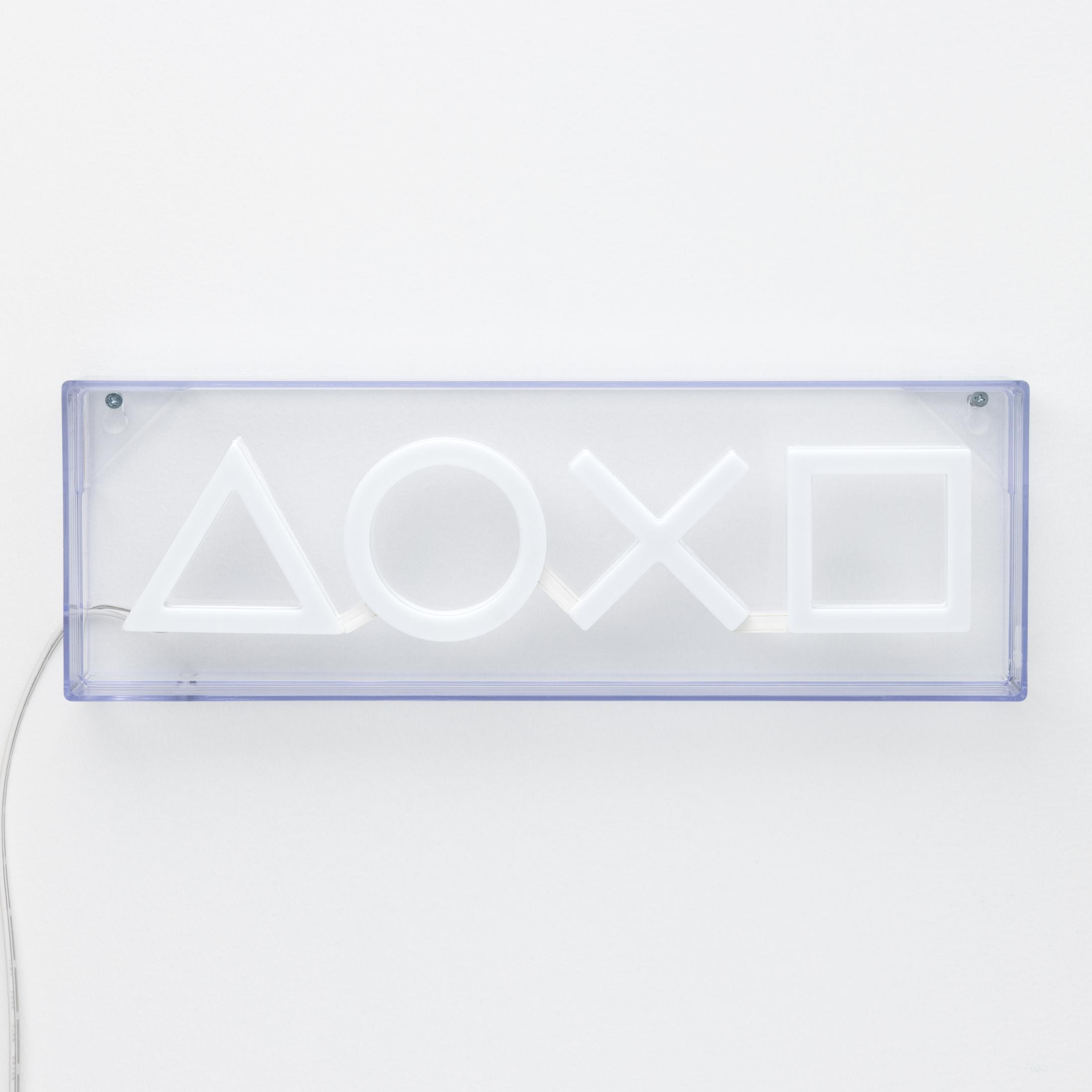 Biały neon z symbolami przycisków Playstation: trójkąt, koło, krzyż i kwadrat.