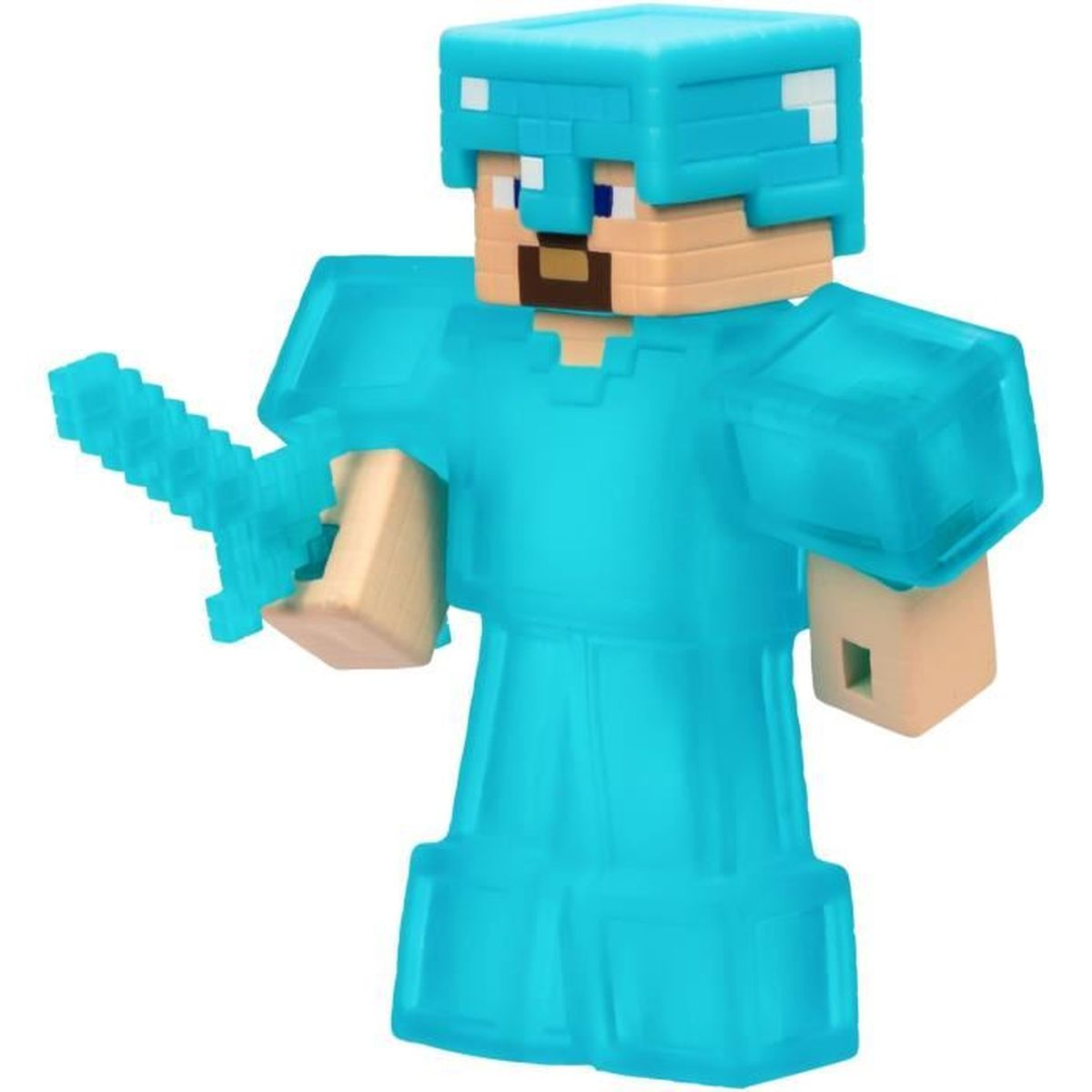 Un juguete de Steve de Minecraft. Es azul y parece estar hecho de un material translúcido. El juguete sostiene una espada.