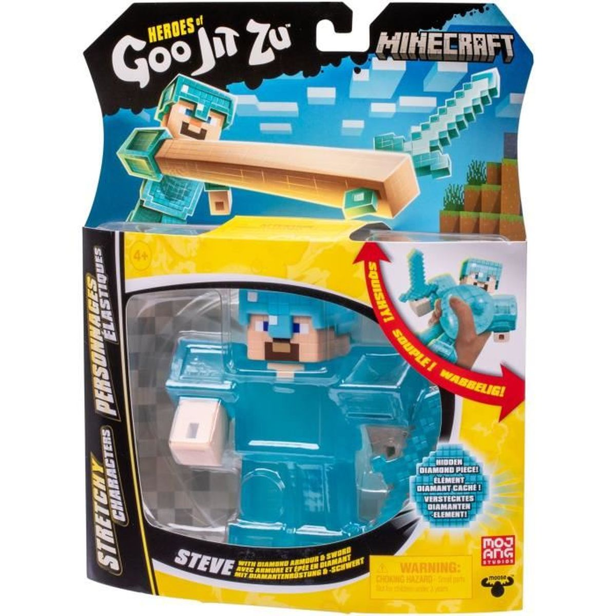 Juguete de Steve de Minecraft en una caja. Lleva una armadura de diamante y sostiene una espada. La caja es colorida y tiene logotipos de Minecraft.