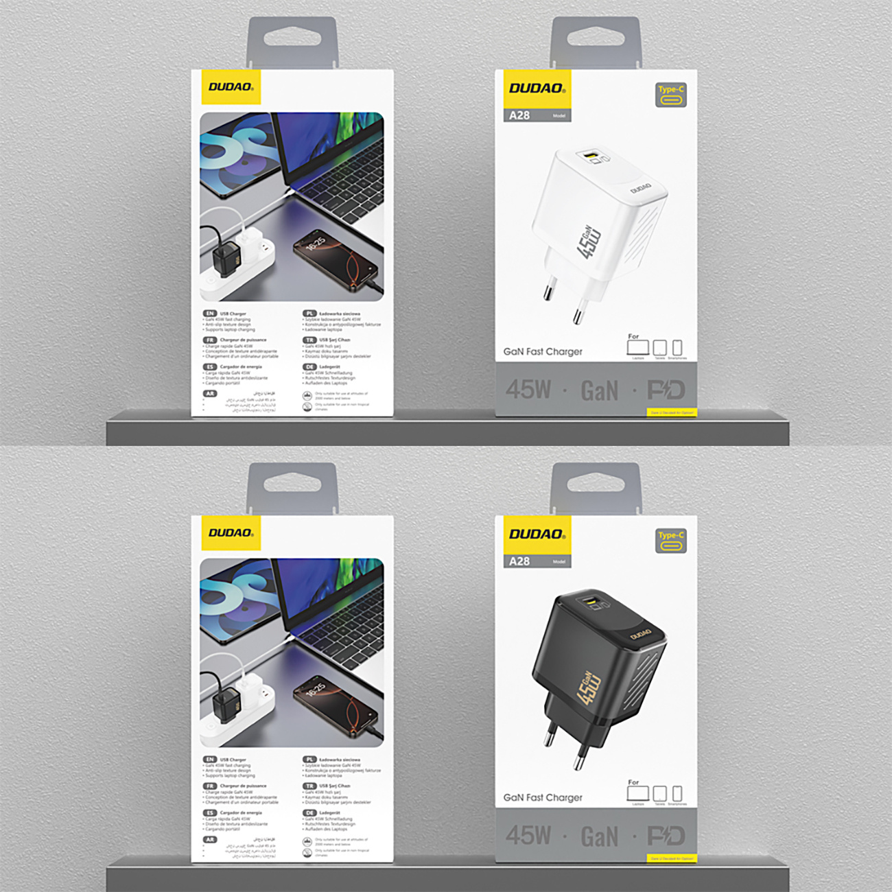 Cztery ładowarki DUDAO w pudełkach, dwa czarne i dwa białe. Pudełka pokazują ładowarki, kable i funkcje.