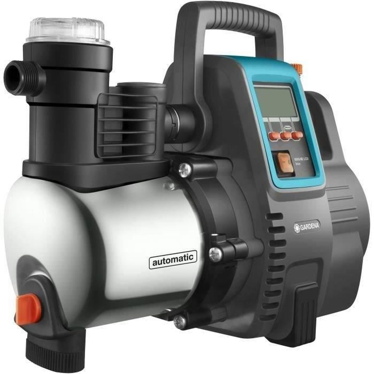 Eine Wasserpumpe, schwarz, silber und blaugrün, mit Knöpfen und einem Bildschirm. Das Wort "automatisch" wird angezeigt.