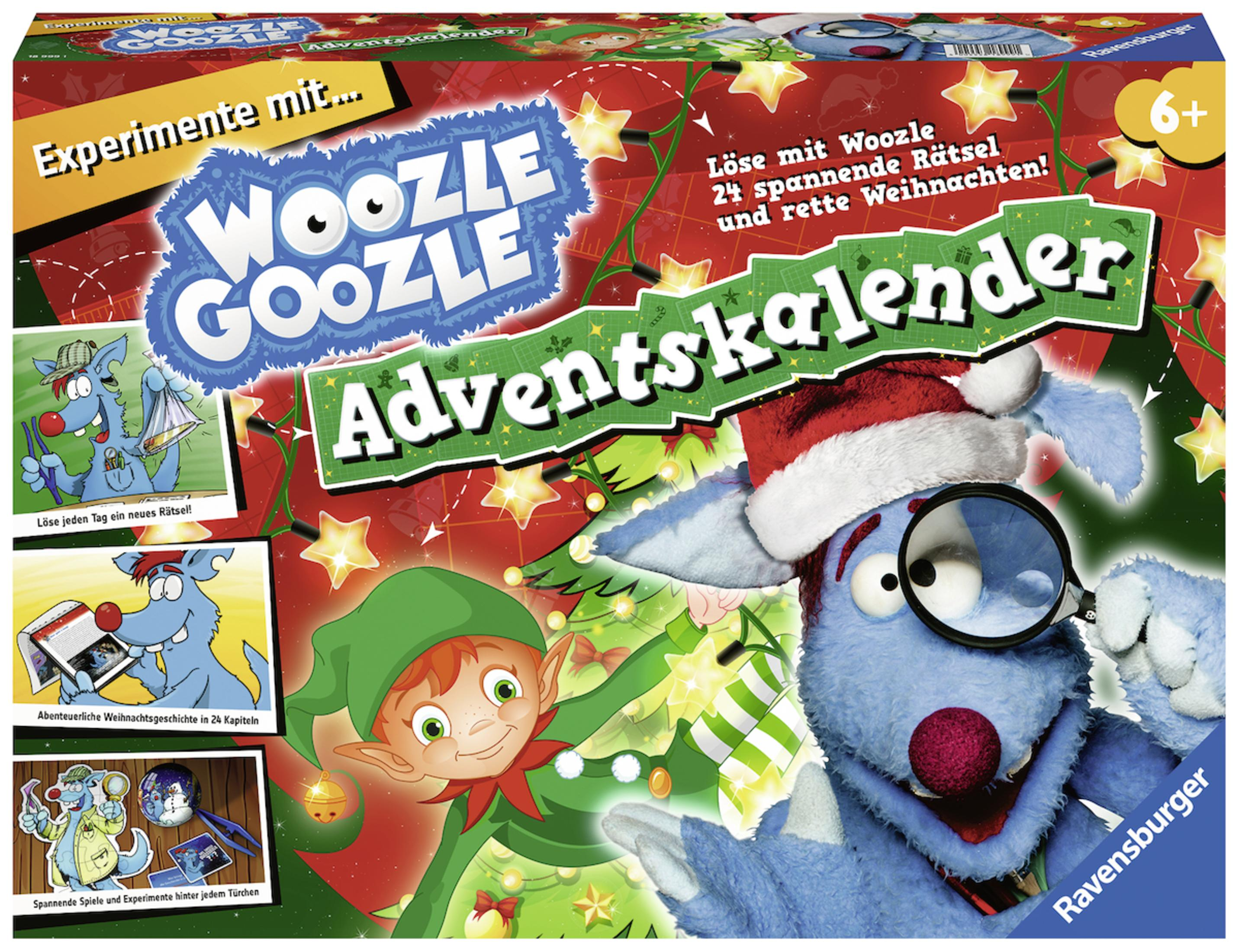 Eine weihnachtliche Adventskalenderbox mit Illustrationen eines blauen Monsters und eines Elfen.