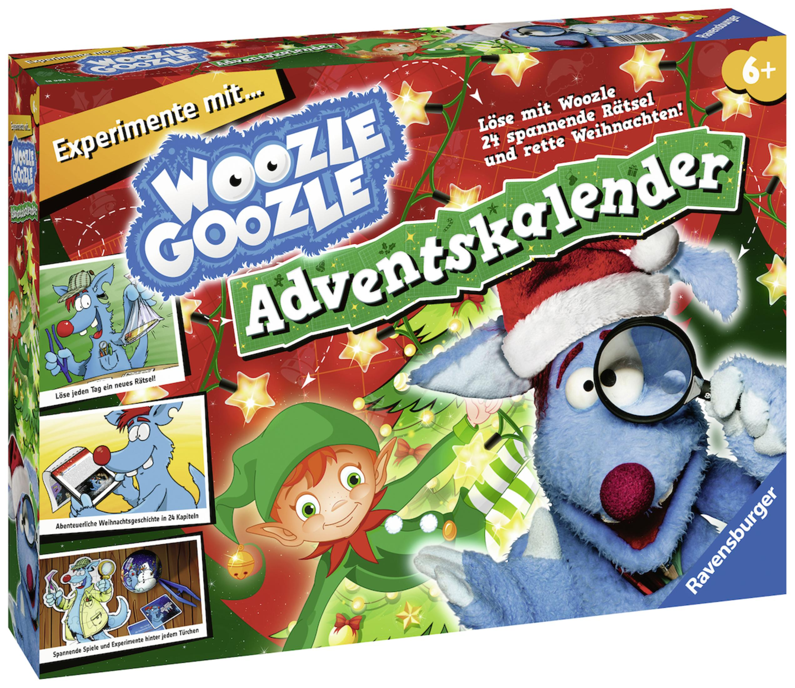 Eine Box mit Weihnachtsthema mit Zeichnungen eines blauen Monsters, eines Elfen und Sternen. Es ist ein Kalender.