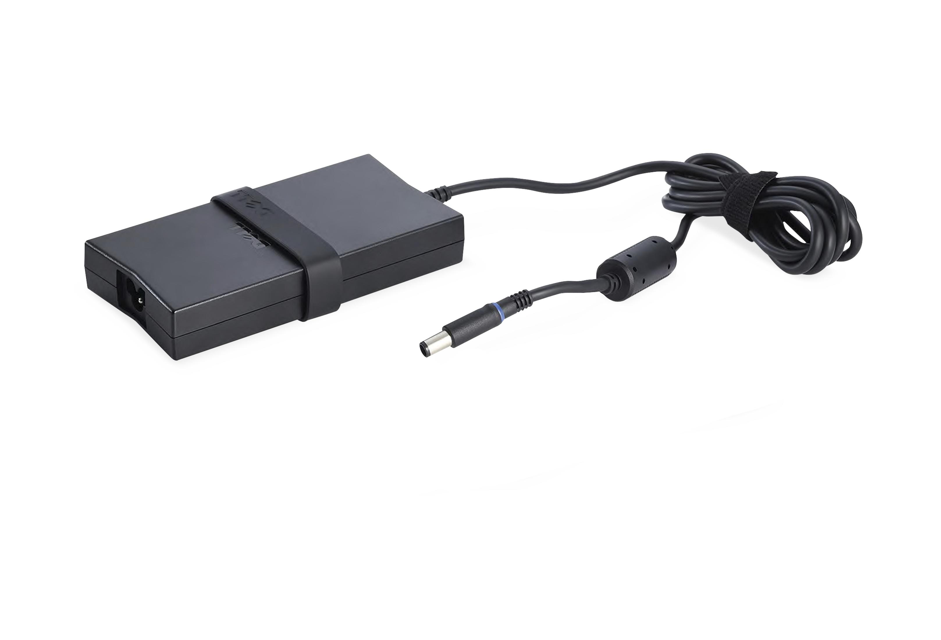 Ein schwarzes Laptop-Ladegerät mit schwarzem Kabel und blauem Stecker.