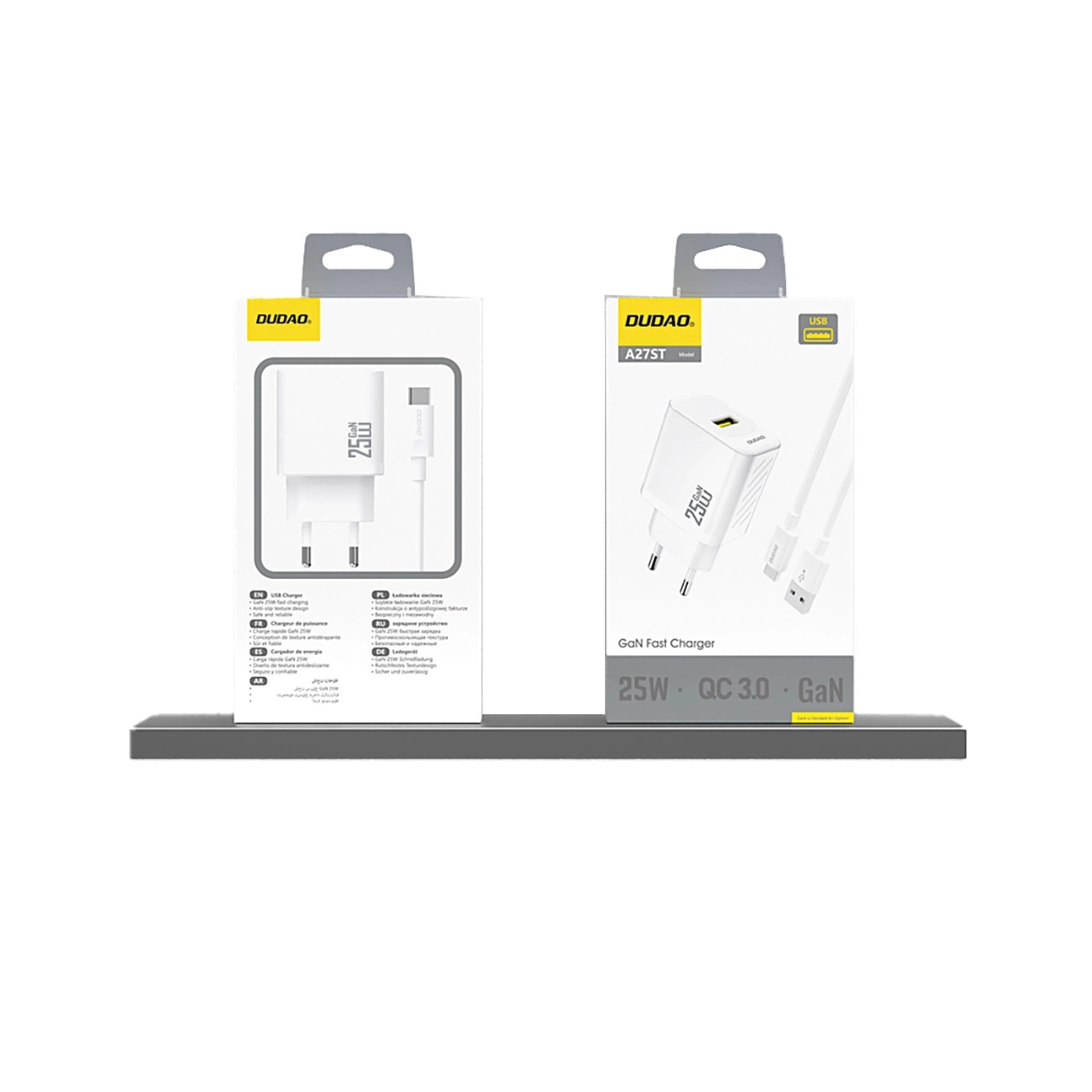 Dwie szybkie ładowarki DUDAO GaN w pudełkach. Jedna ładowarka jest widoczna z kablem.