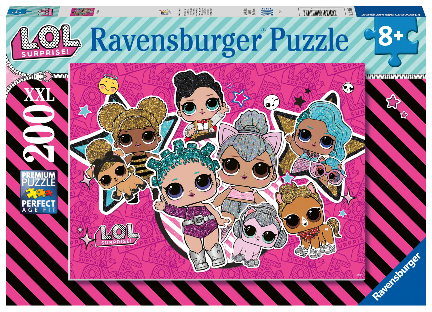 LOL Surprise Puzzelbox. Hellrosa Hintergrund mit Charakteren. Enthält das Ravensburger-Logo.