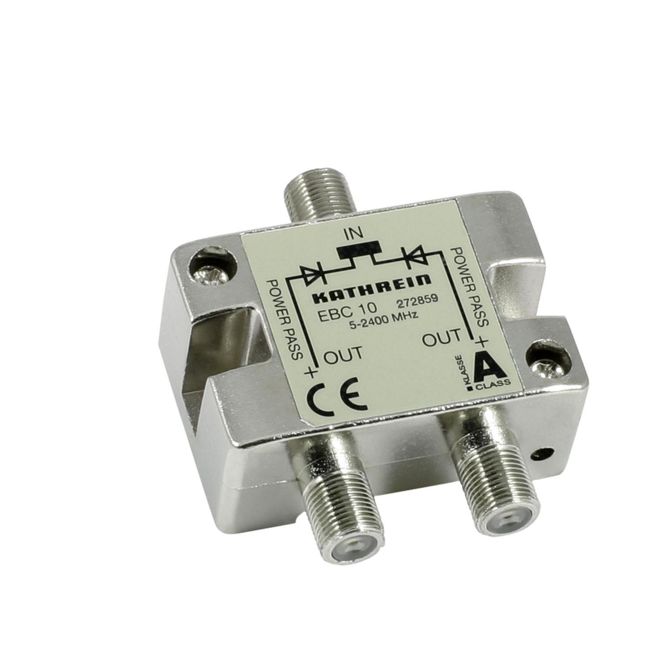 Metallisch silberner Kathrein EBC 10. Hat IN-, OUT- und Power Pass-Anschlüsse. Weißer Hintergrund.