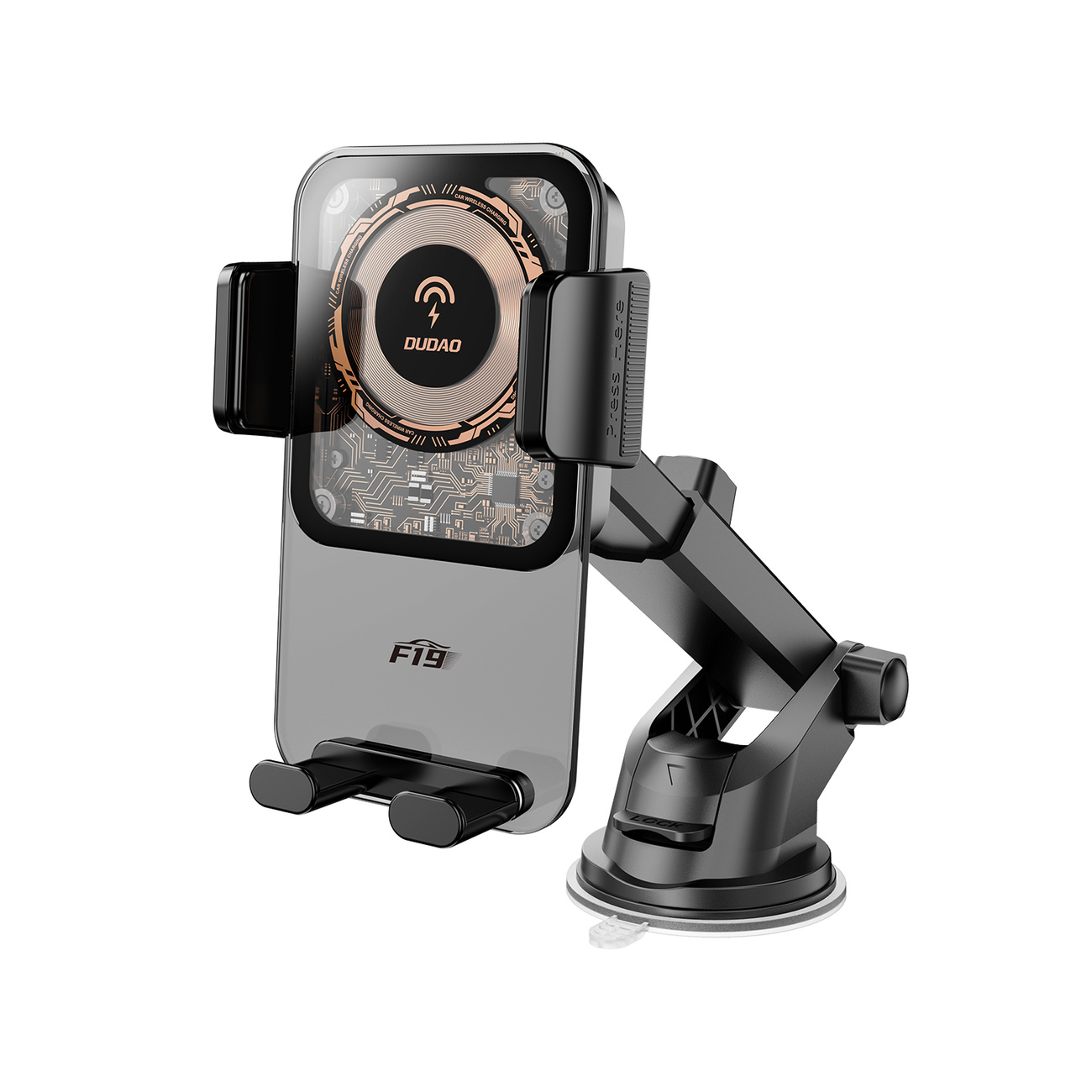 Uchwyt do telefonu DUDOAO F19 z telefonem w środku, pokazany na białym tle. Jest czarny i szary.