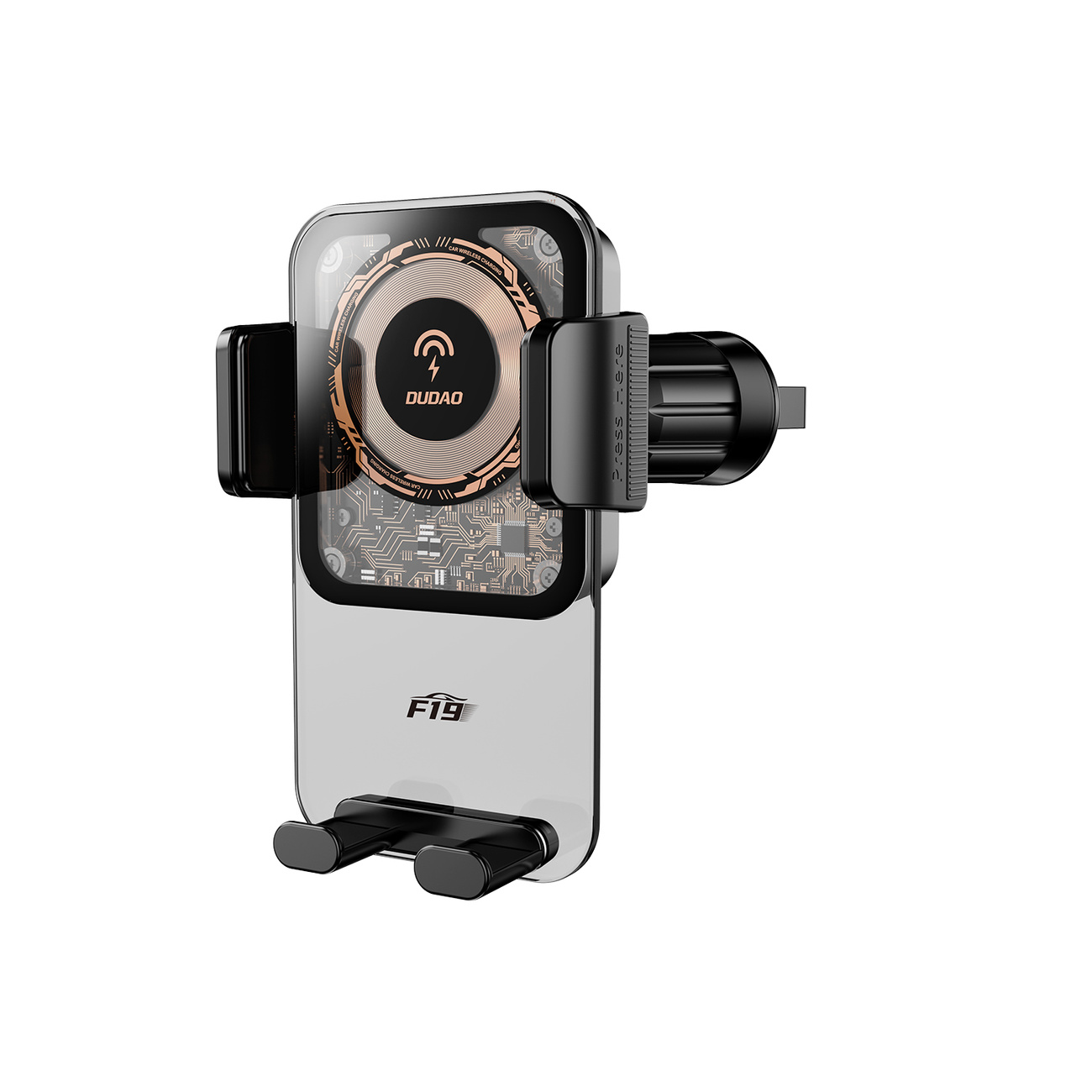 Uchwyt samochodowy do telefonu z przezroczystym tyłem. Posiada symbol ładowania i uchwyt. Białe tło.