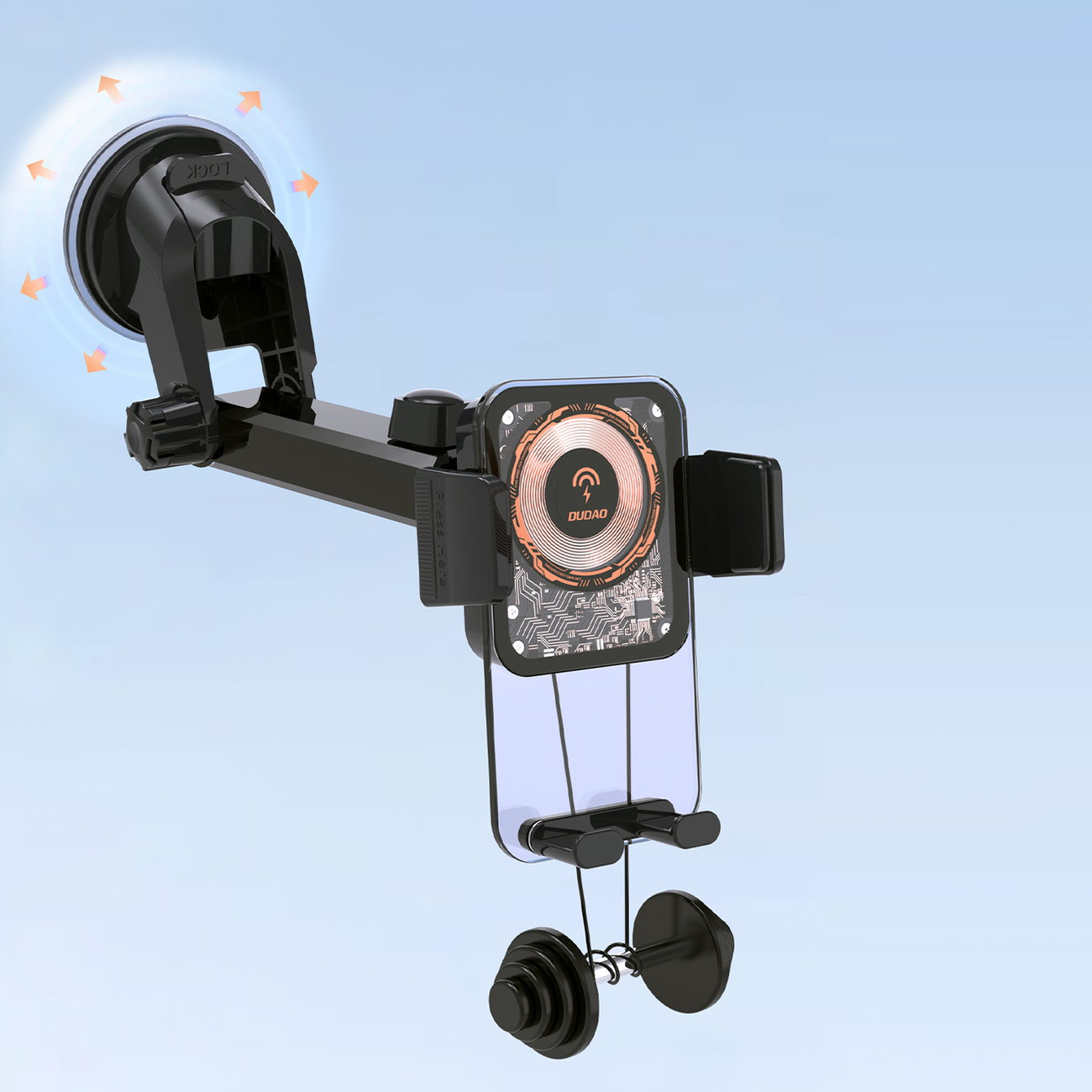 Uchwyt samochodowy do telefonu z mocowaniem na przyssawkę. Wyświetlany telefon. Niebieskie tło.